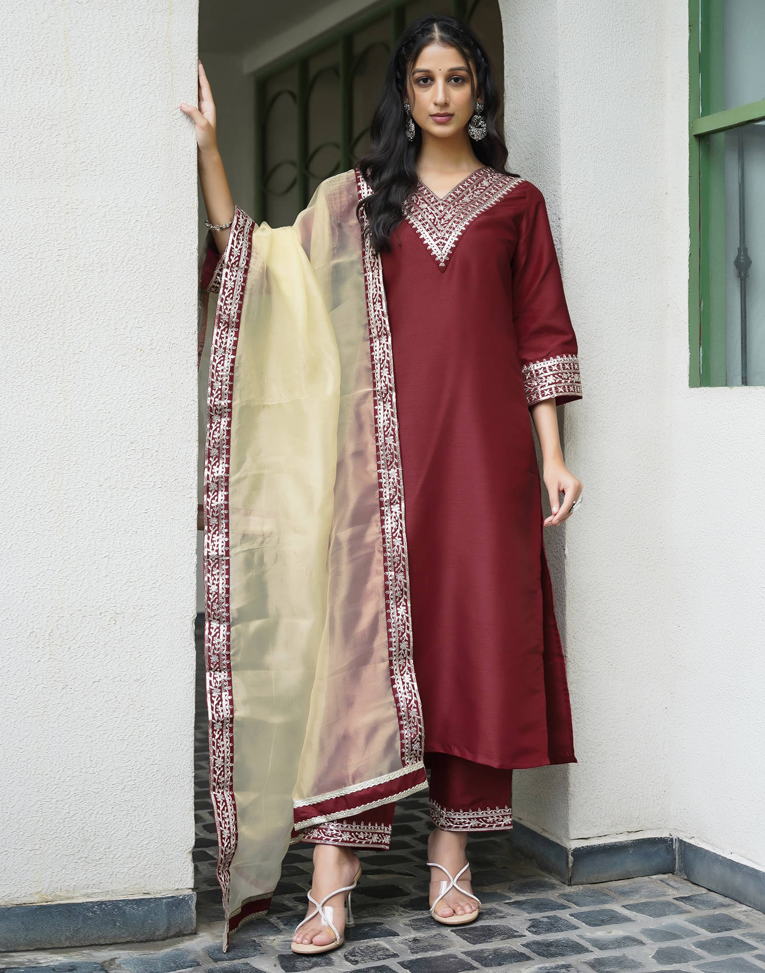 Skylee Silk Embellished Kurti With Pants Women's Stitched Salwar Suit - Red ( Pack of 1 ) Skylee Silk Embellished Kurti With Pants Women's Stitched Salwar Suit - Red ( Pack of 1 )