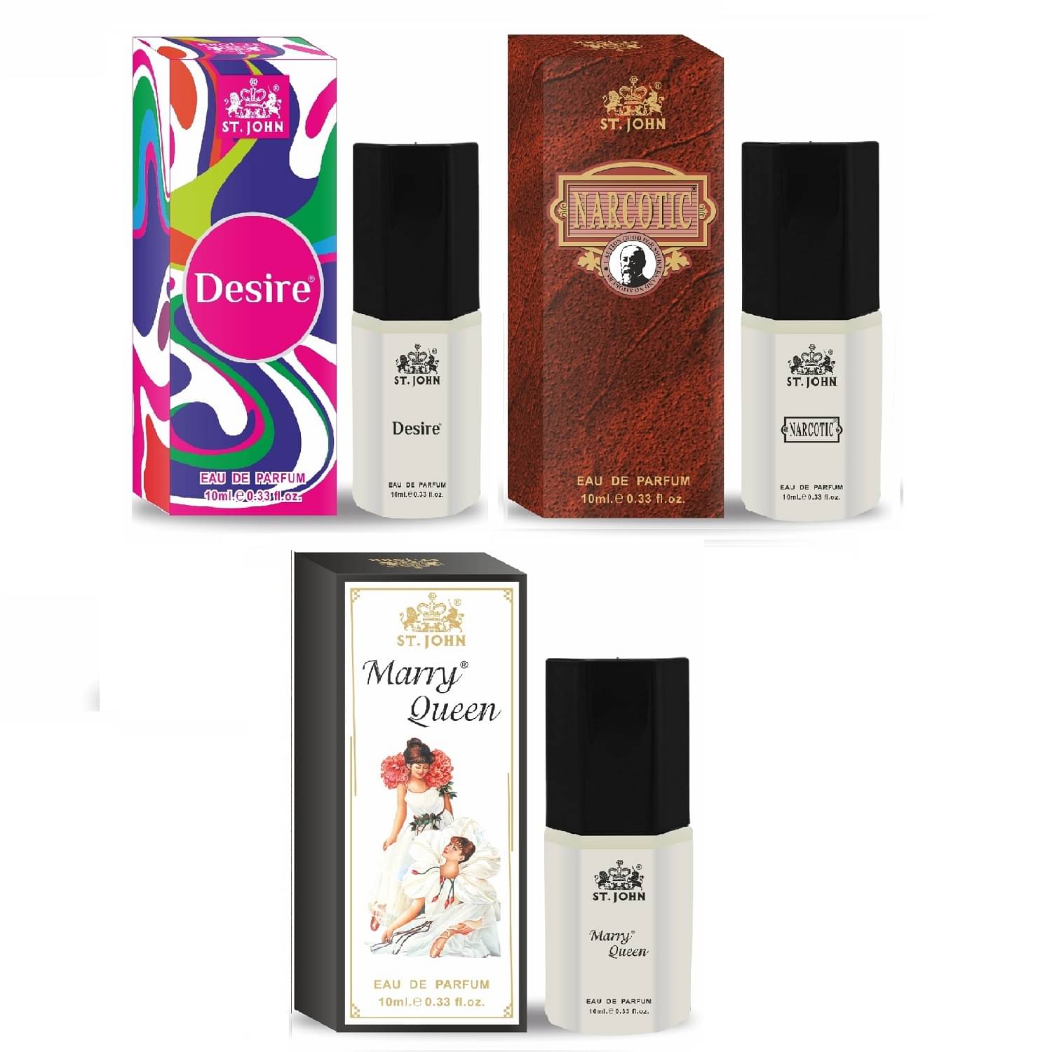 St. John Desire, Narcotic, Marry queen Pocket Perfume for Men 10 ml ( Pack of 3 ) St. John Desire, Narcotic, Marry queen Pocket Perfume for Men 10 ml ( Pack of 3 )