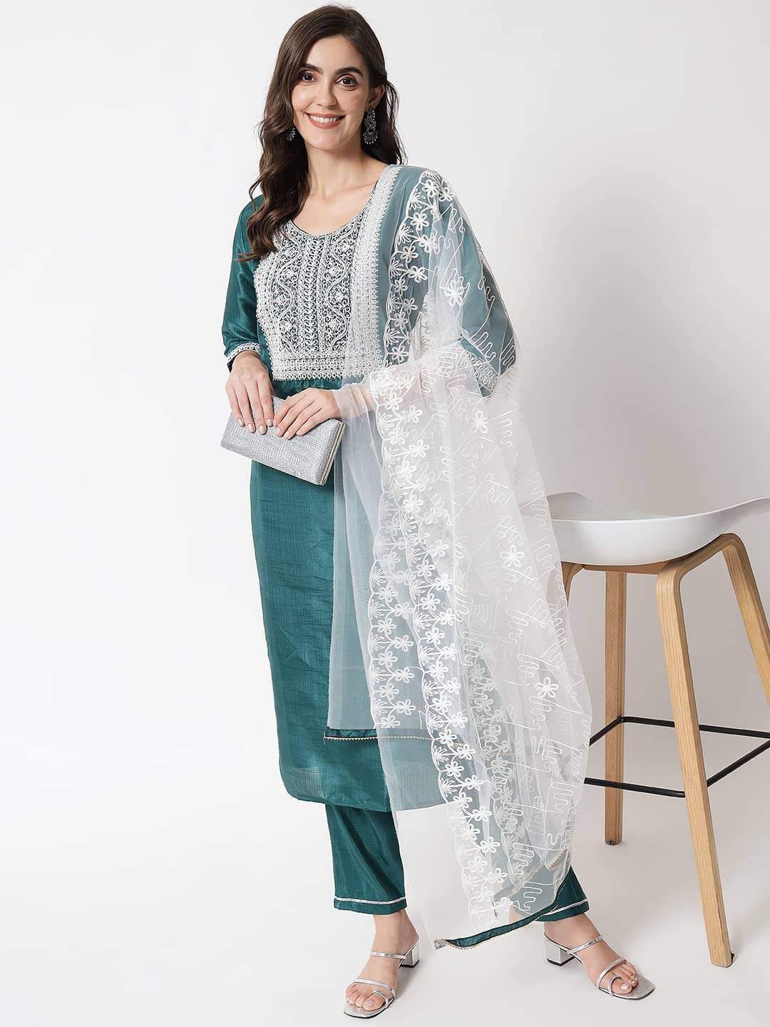 VredeVogel Cotton Silk Embroidered Kurti With Pants Women's Stitched Salwar Suit - Green ( Pack of 1 ) VredeVogel Cotton Silk Embroidered Kurti With Pants Women's Stitched Salwar Suit - Green ( Pack of 1 )