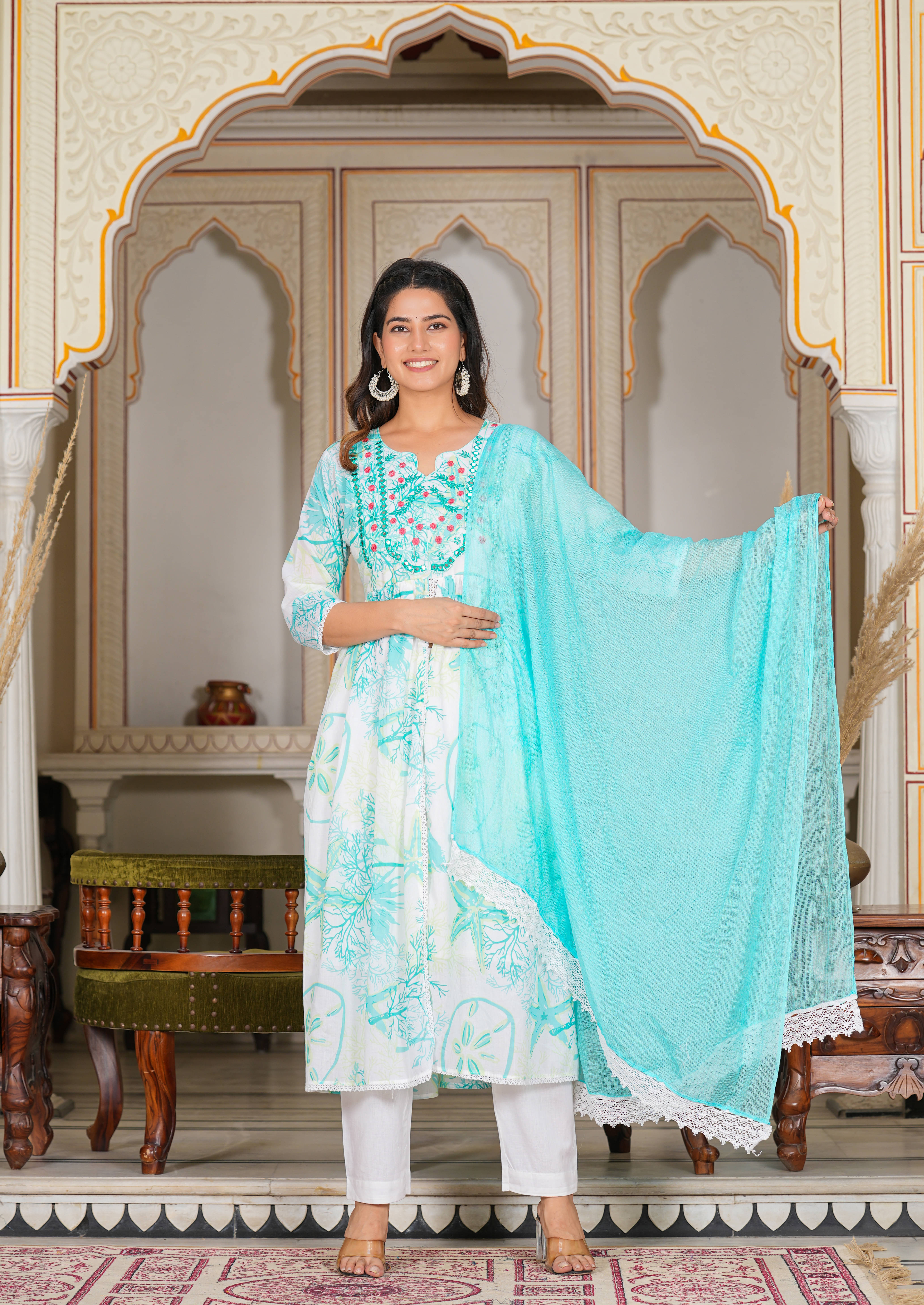 Yash Gallery Cotton Printed Kurti With Pants Women's Stitched Salwar Suit - Blue ( Pack of 1 ) Yash Gallery Cotton Printed Kurti With Pants Women's Stitched Salwar Suit - Blue ( Pack of 1 )
