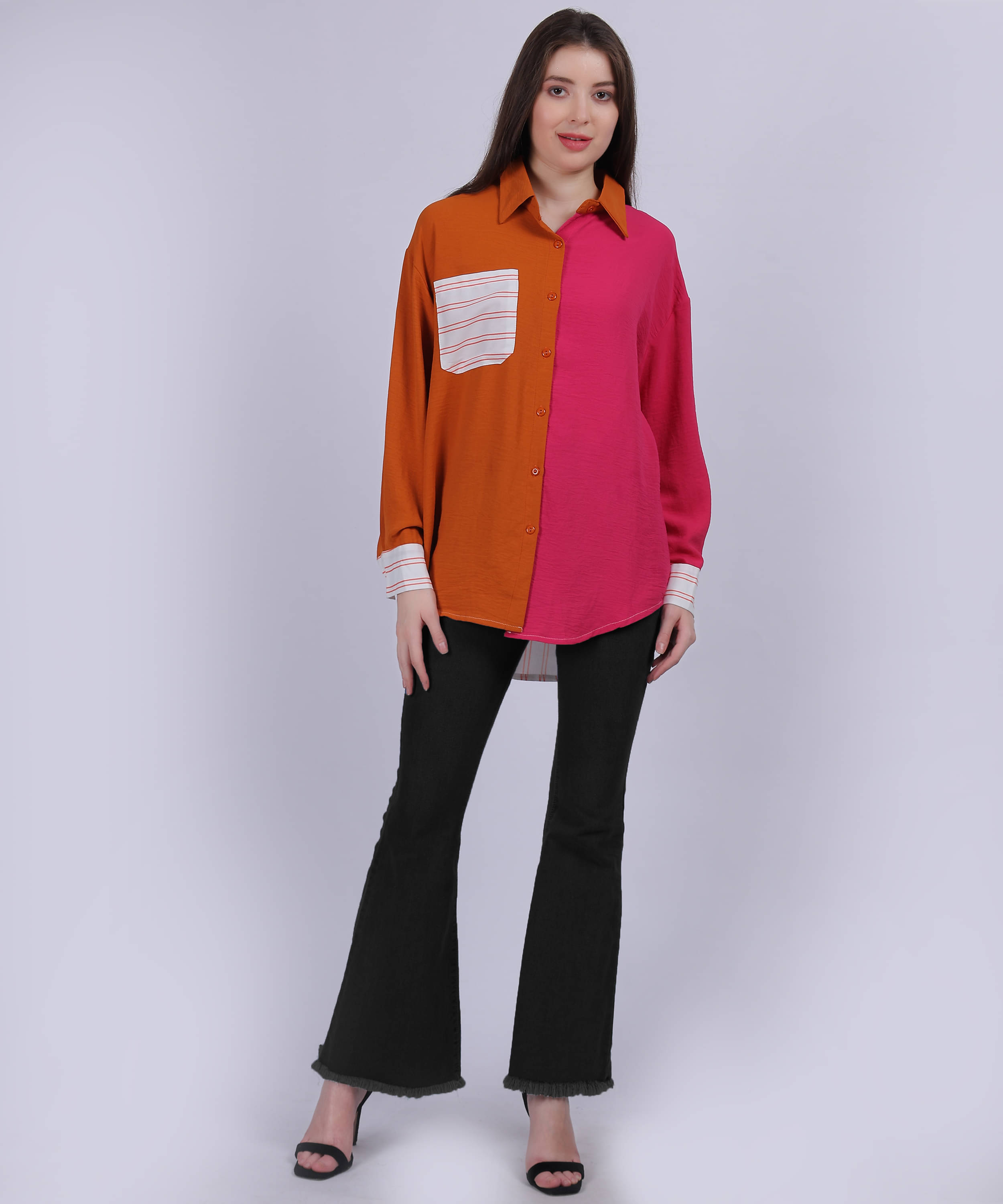 aumbe Women Solid Polyester Shirt ( Orange )     			aumbe Women Solid Polyester Shirt ( Orange )