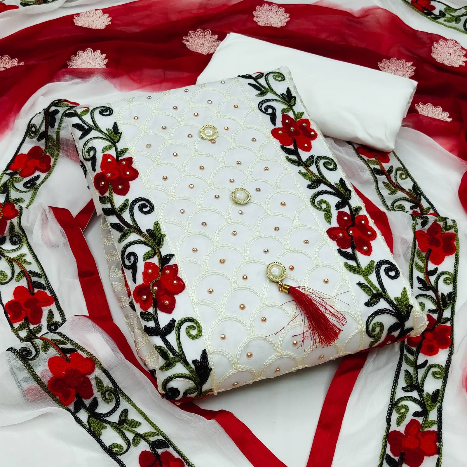     			Any Fab Unstitched Cotton Embroidered Dress Material - Red ( Pack of 1 )