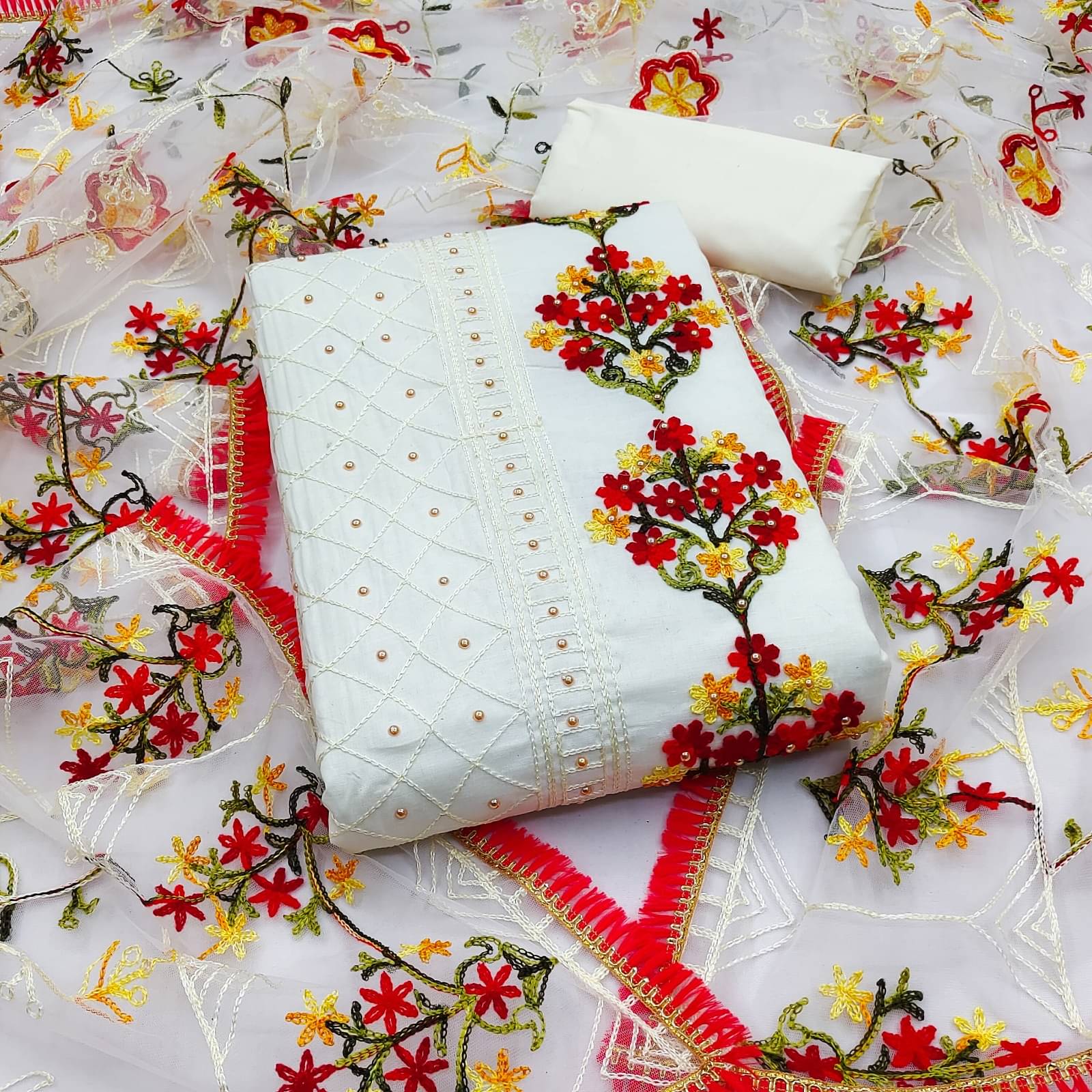     			Any Fab Unstitched Cotton Embroidered Dress Material - White ( Pack of 1 )