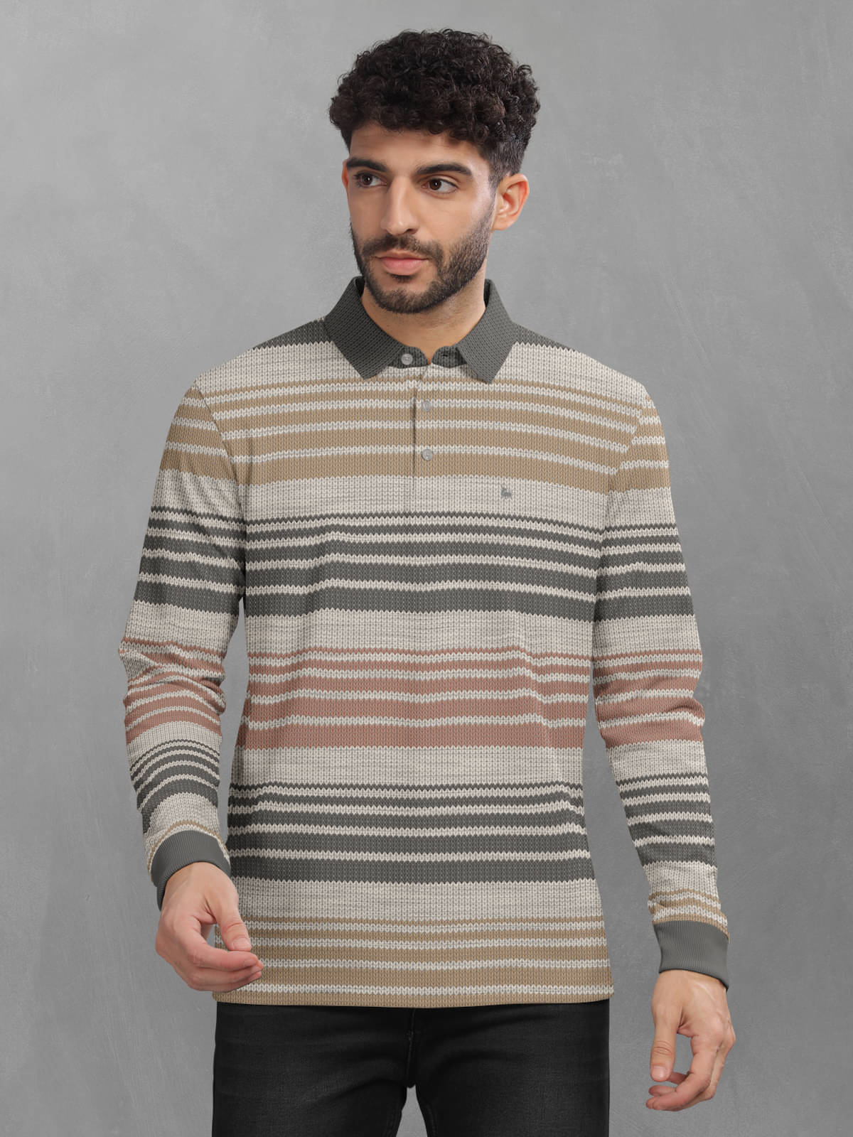 BULLMER Pack of 1 Cotton Blend Regular Fit Striped Full Sleeves Men's Polo T Shirt ( Beige ) BULLMER Pack of 1 Cotton Blend Regular Fit Striped Full Sleeves Men's Polo T Shirt ( Beige )