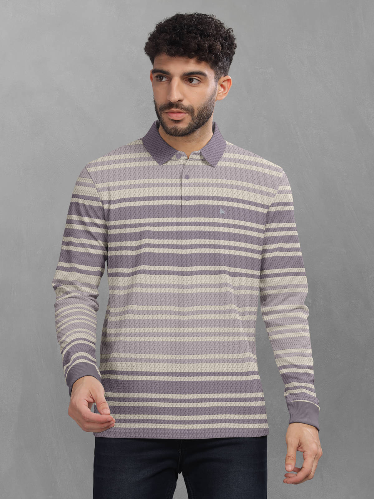     			BULLMER Pack of 1 Cotton Blend Regular Fit Striped Full Sleeves Men's Polo T Shirt ( Purple )