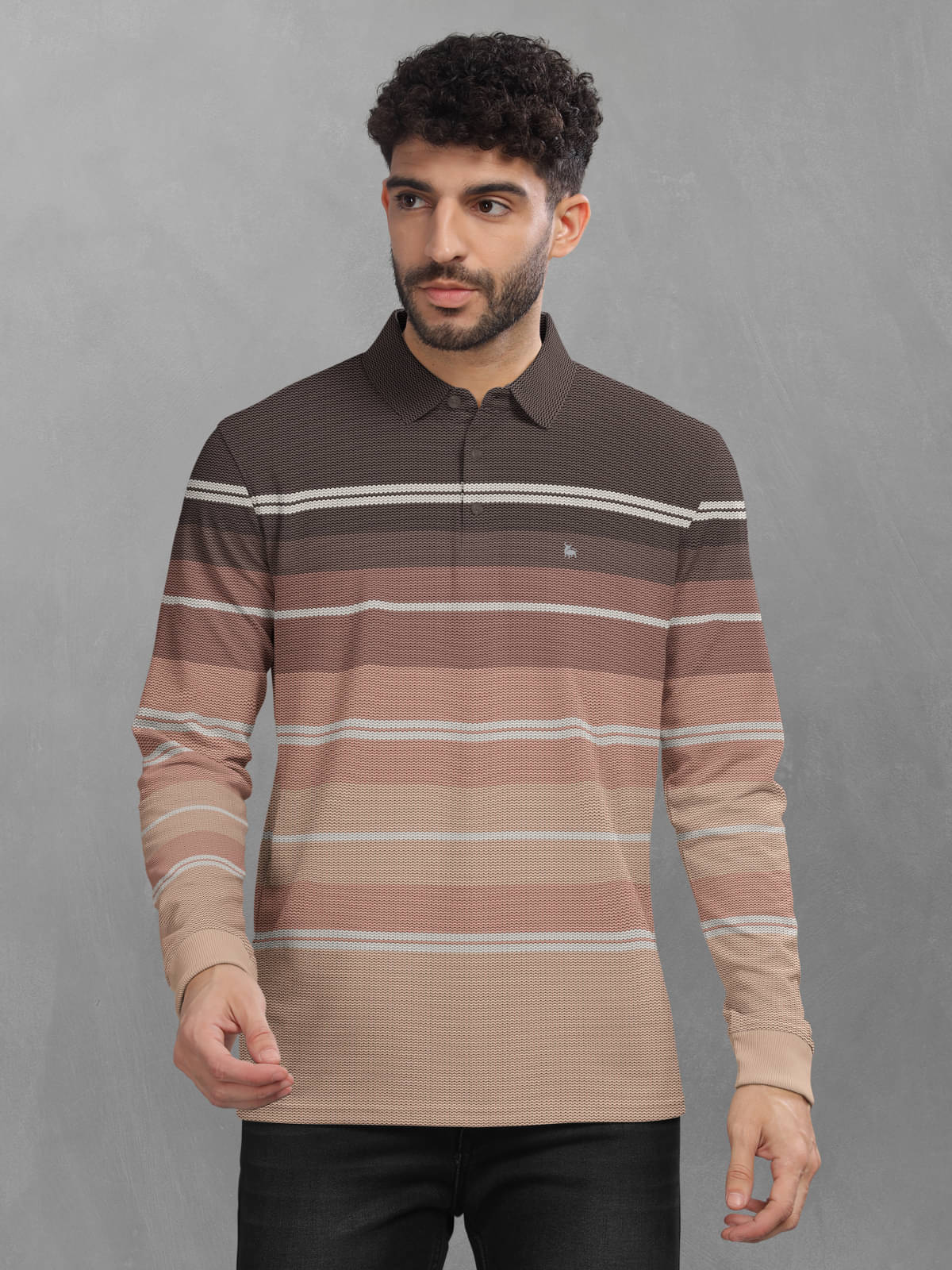 BULLMER Pack of 1 Cotton Blend Regular Fit Striped Full Sleeves Men's Polo T Shirt ( Brown ) BULLMER Pack of 1 Cotton Blend Regular Fit Striped Full Sleeves Men's Polo T Shirt ( Brown )