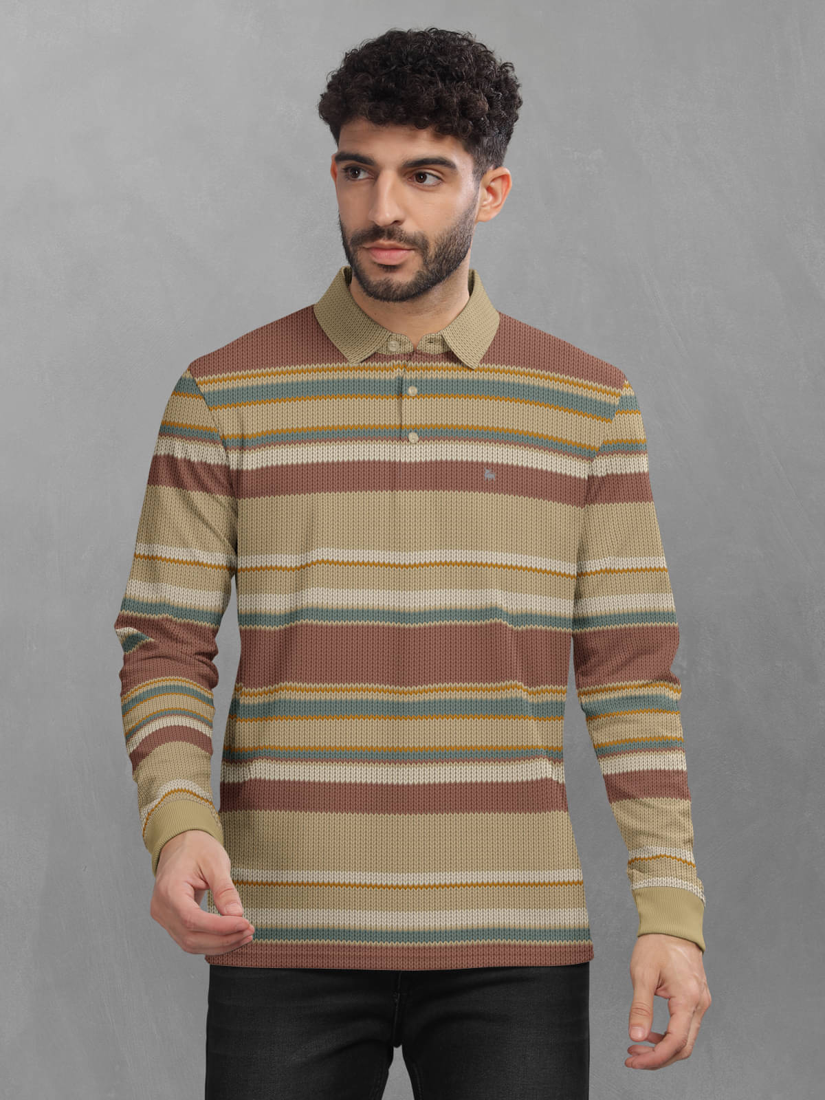 BULLMER Pack of 1 Cotton Blend Regular Fit Striped Full Sleeves Men's Polo T Shirt ( Khaki ) BULLMER Pack of 1 Cotton Blend Regular Fit Striped Full Sleeves Men's Polo T Shirt ( Khaki )