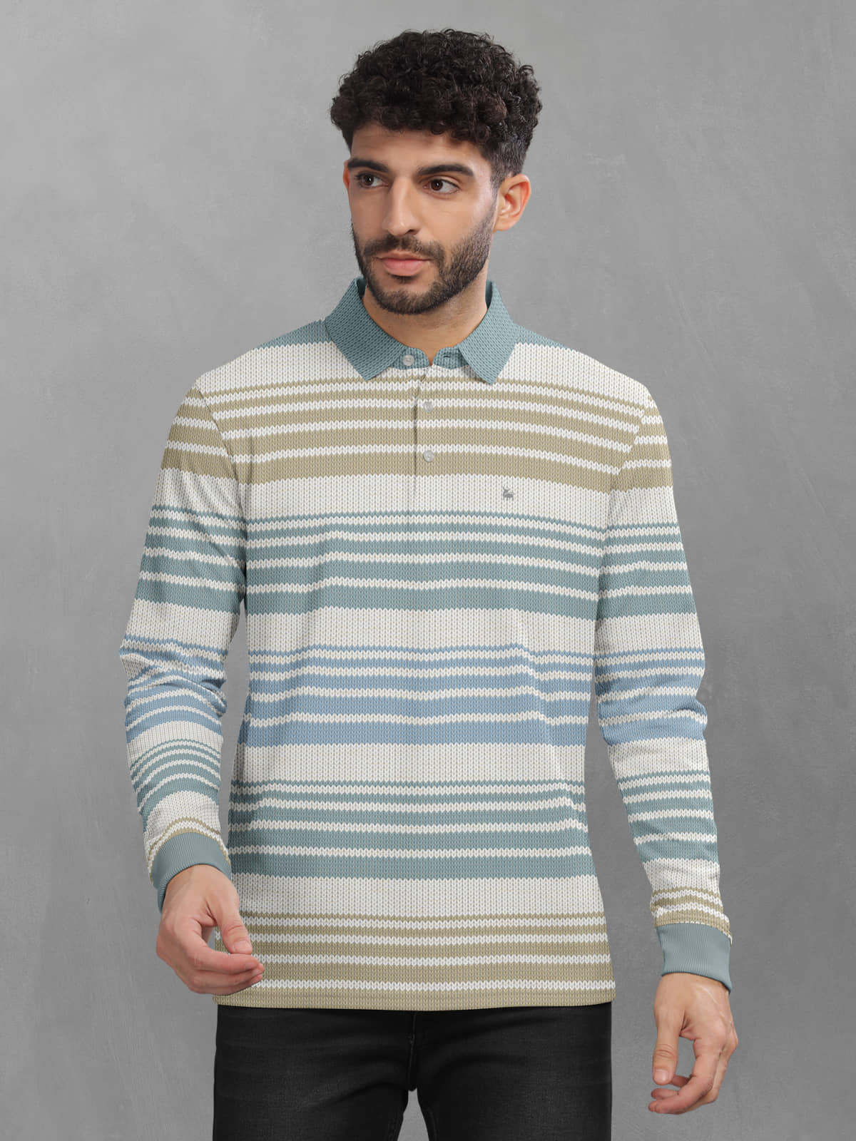 BULLMER Pack of 1 Cotton Blend Regular Fit Striped Full Sleeves Men's Polo T Shirt ( Beige )