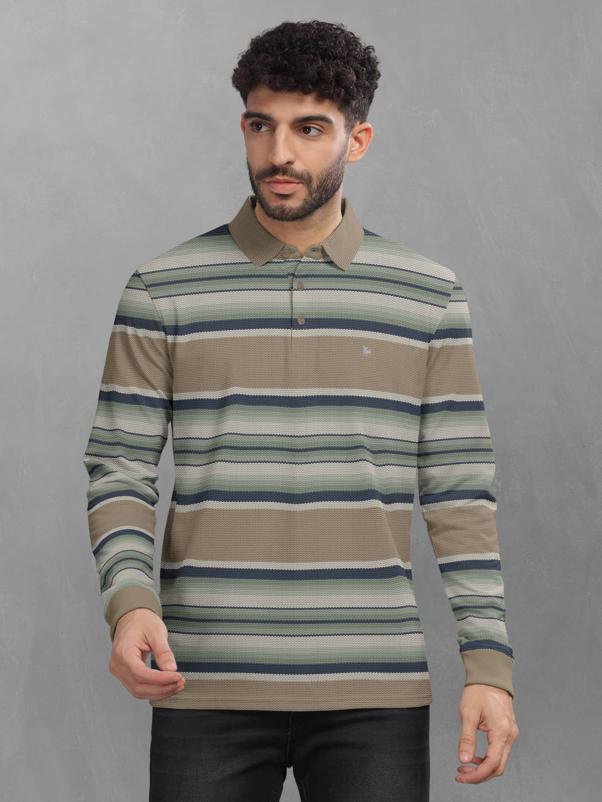 BULLMER Pack of 1 Cotton Blend Regular Fit Striped Full Sleeves Men's Polo T Shirt ( Green )