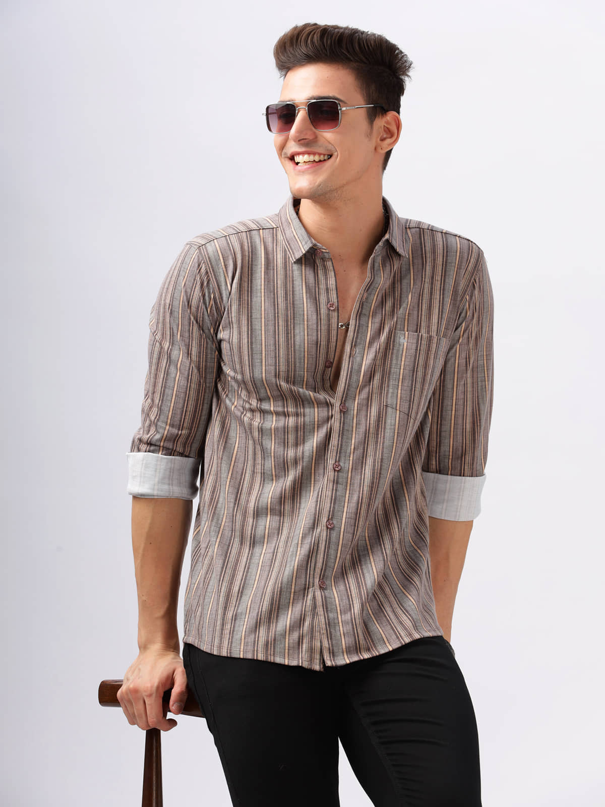 BULLMER Trendy Regular Fit Striped Causal Full Sleeve Shirt for Men_Brown2