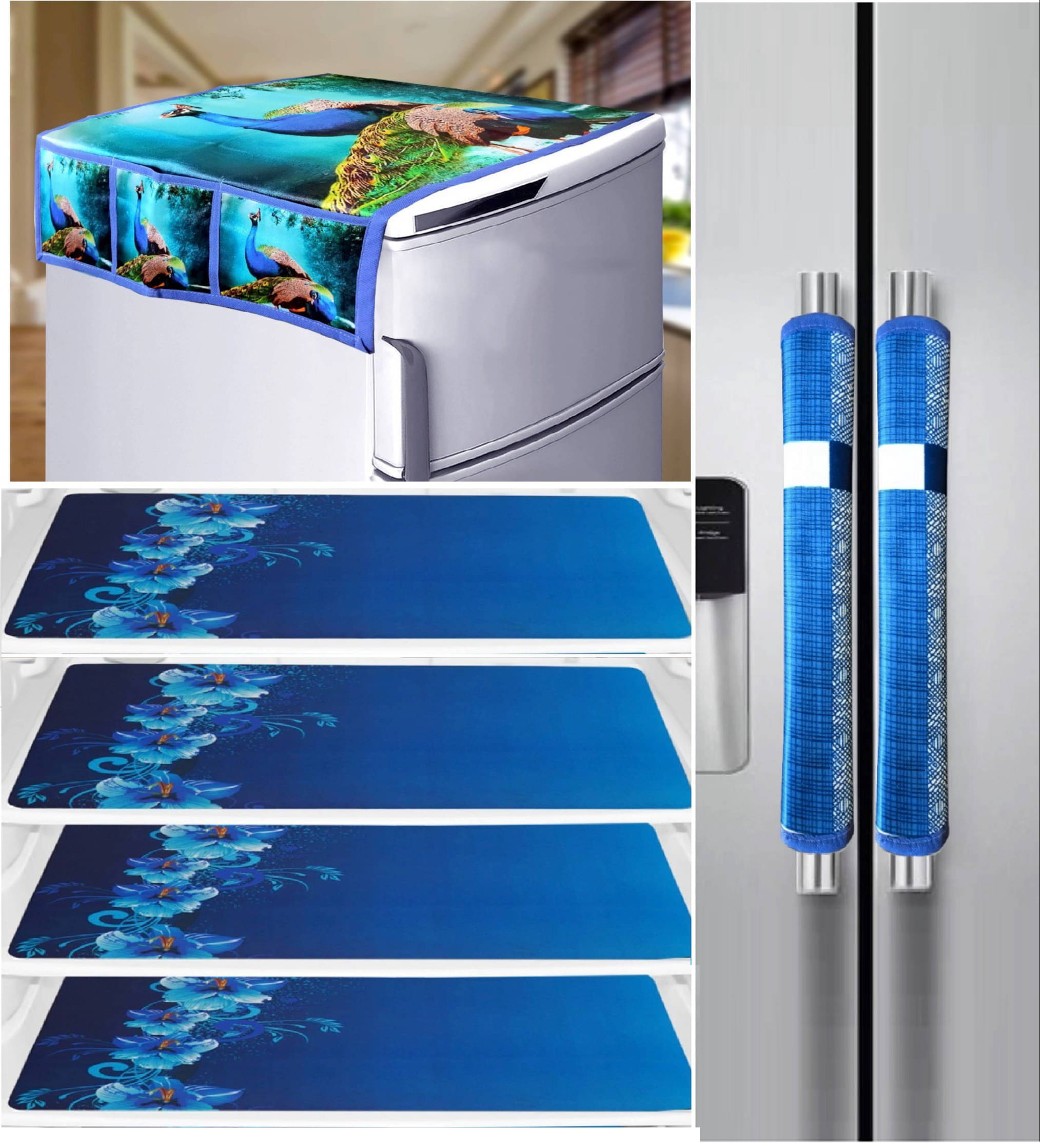 Crosmo Polyester Birds Fridge Mat & Cover ( 99 53 ) Pack Of 7 - Blue Crosmo Polyester Birds Fridge Mat & Cover ( 99 53 ) Pack Of 7 - Blue