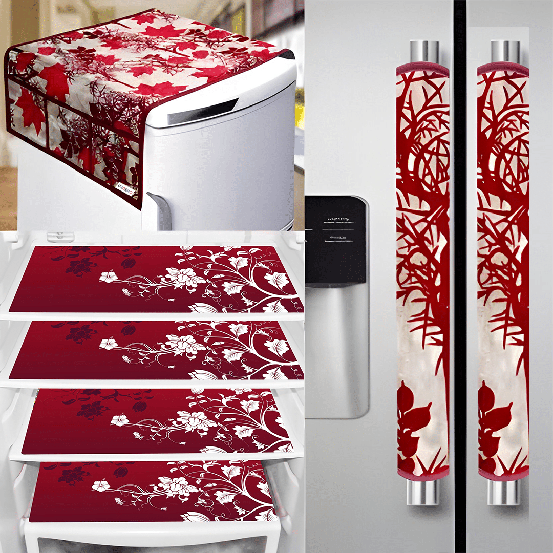 Crosmo Polyester Floral Fridge Mat & Cover ( 99 53 ) Pack of 7 - Red Crosmo Polyester Floral Fridge Mat & Cover ( 99 53 ) Pack of 7 - Red