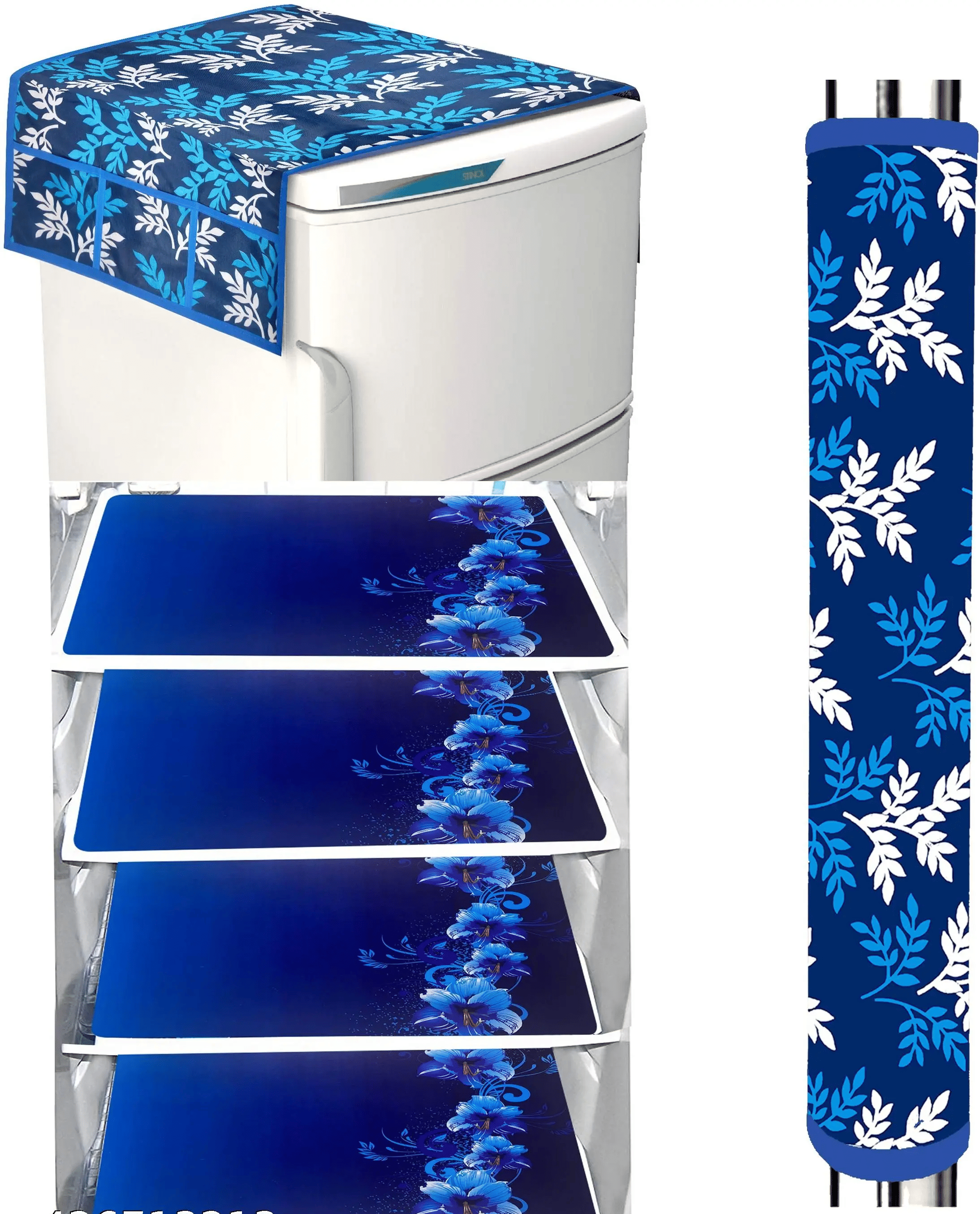 Crosmo Polyester Floral Fridge Mat & Cover ( 99 53 ) Pack of 6 - Blue