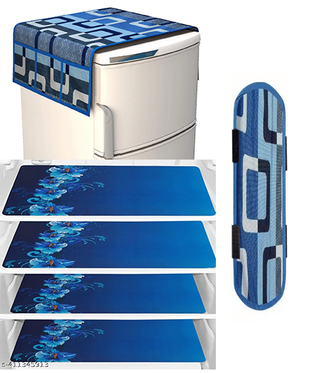 Crosmo Polyester Floral Fridge Mat & Cover ( 99 53 ) Pack of 6 - Blue