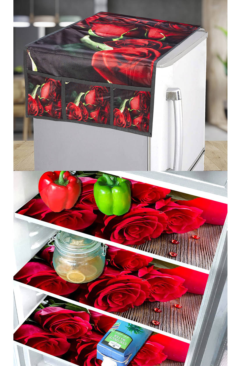 Crosmo Polyester Floral Fridge Mat & Cover ( 99 53 ) Pack Of 4 - Red Crosmo Polyester Floral Fridge Mat & Cover ( 99 53 ) Pack Of 4 - Red