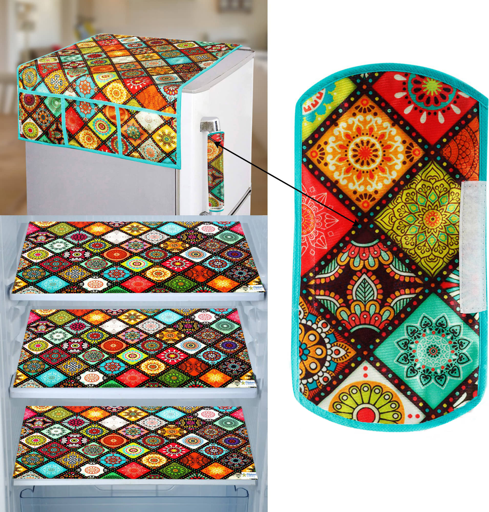 Crosmo Polyester Floral Fridge Mat & Cover ( 99 53 ) Pack Of 5 - Multicolor