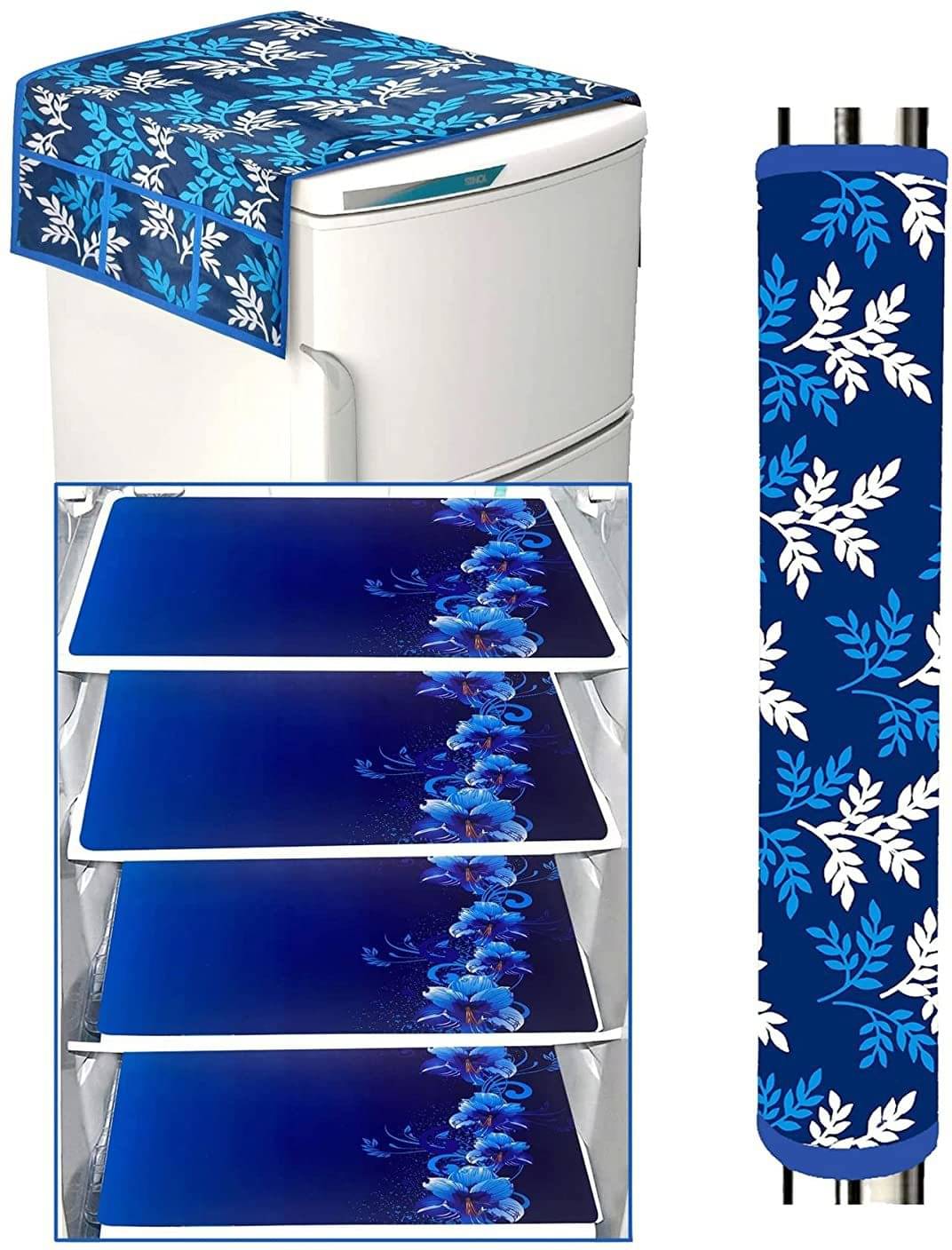     			Crosmo Polyester Floral Fridge Mat & Cover ( 99 53 ) Pack Of 6 - Blue