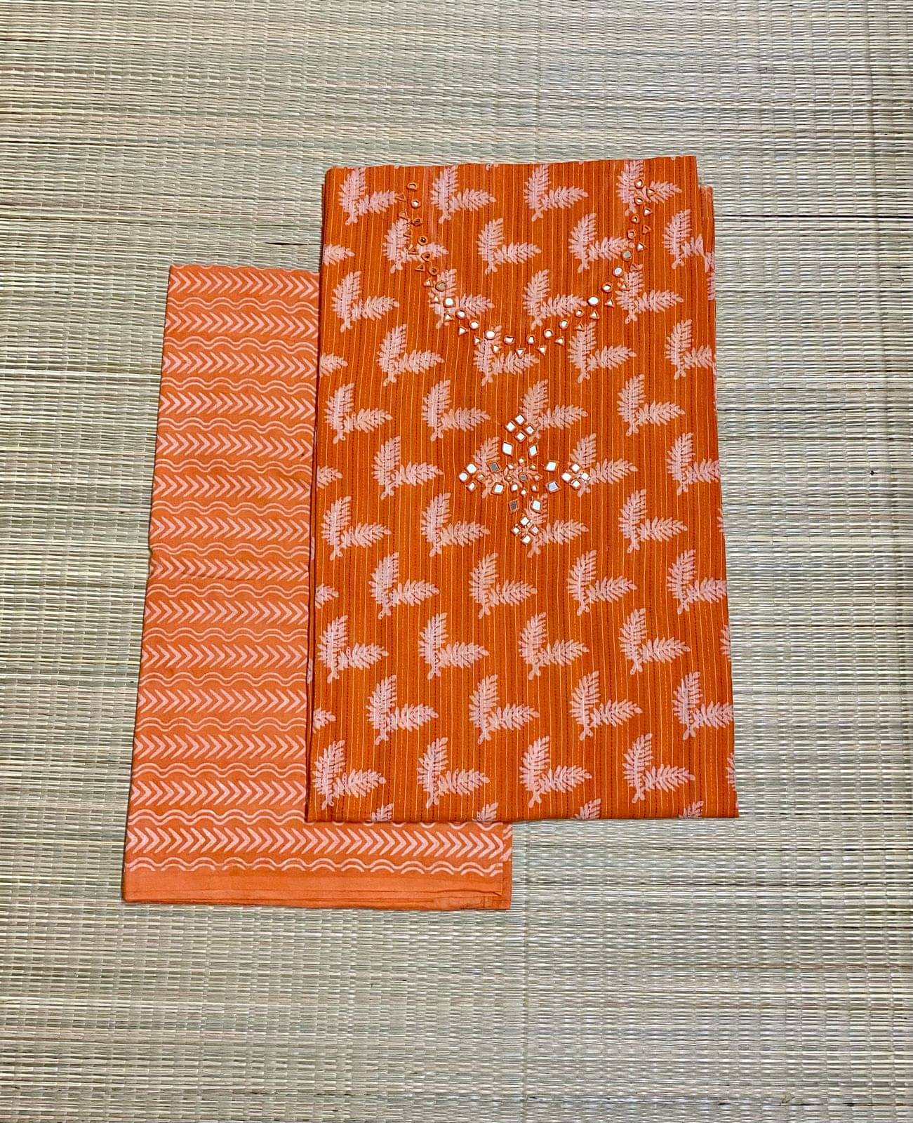 Eternal Pehnawa Unstitched Cotton Embroidered Dress Material - Orange ( Pack of 2 )     			Eternal Pehnawa Unstitched Cotton Embroidered Dress Material - Orange ( Pack of 2 )