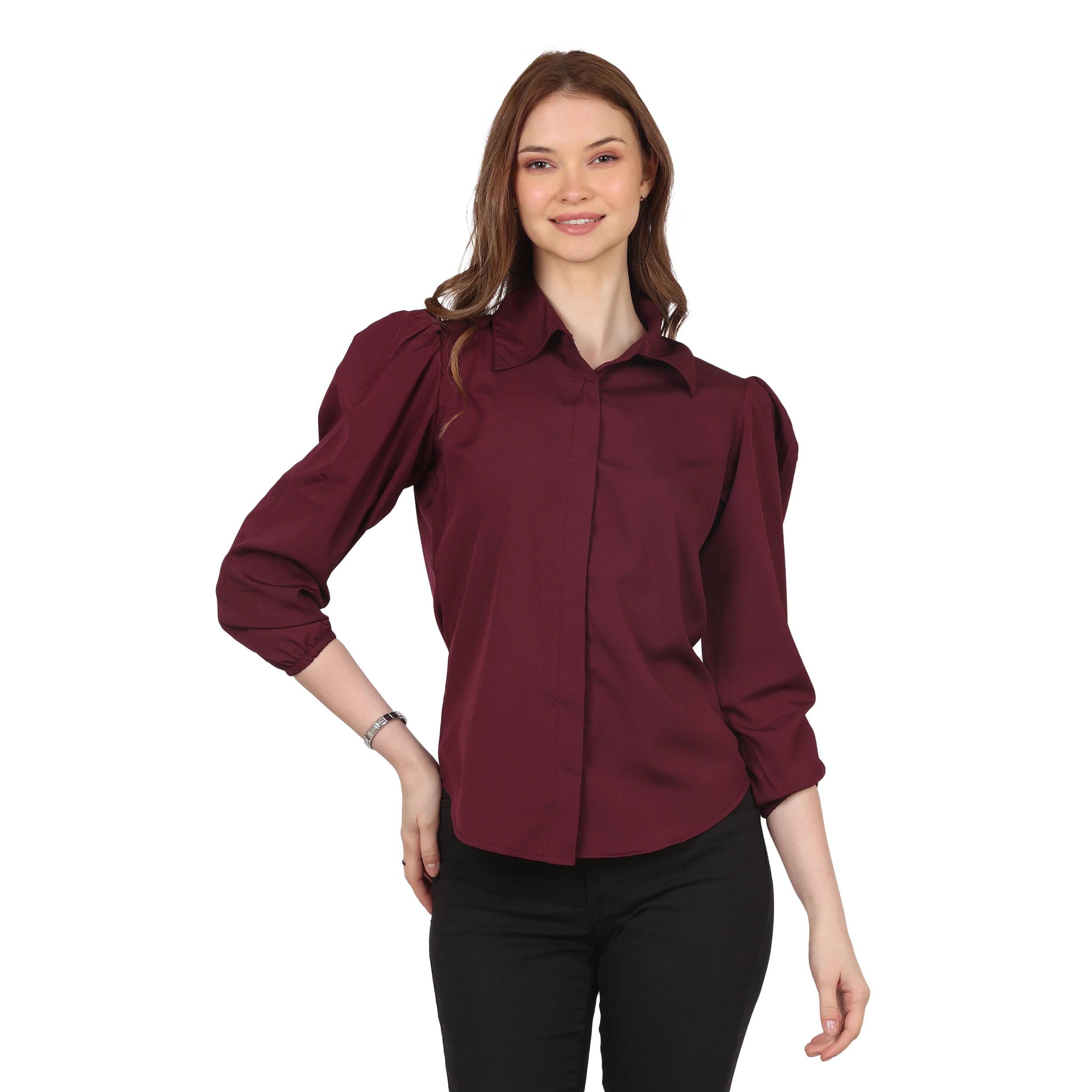 FASHJONS 360 Women Solid Crepe Shirt ( Maroon ) FASHJONS 360 Women Solid Crepe Shirt ( Maroon )