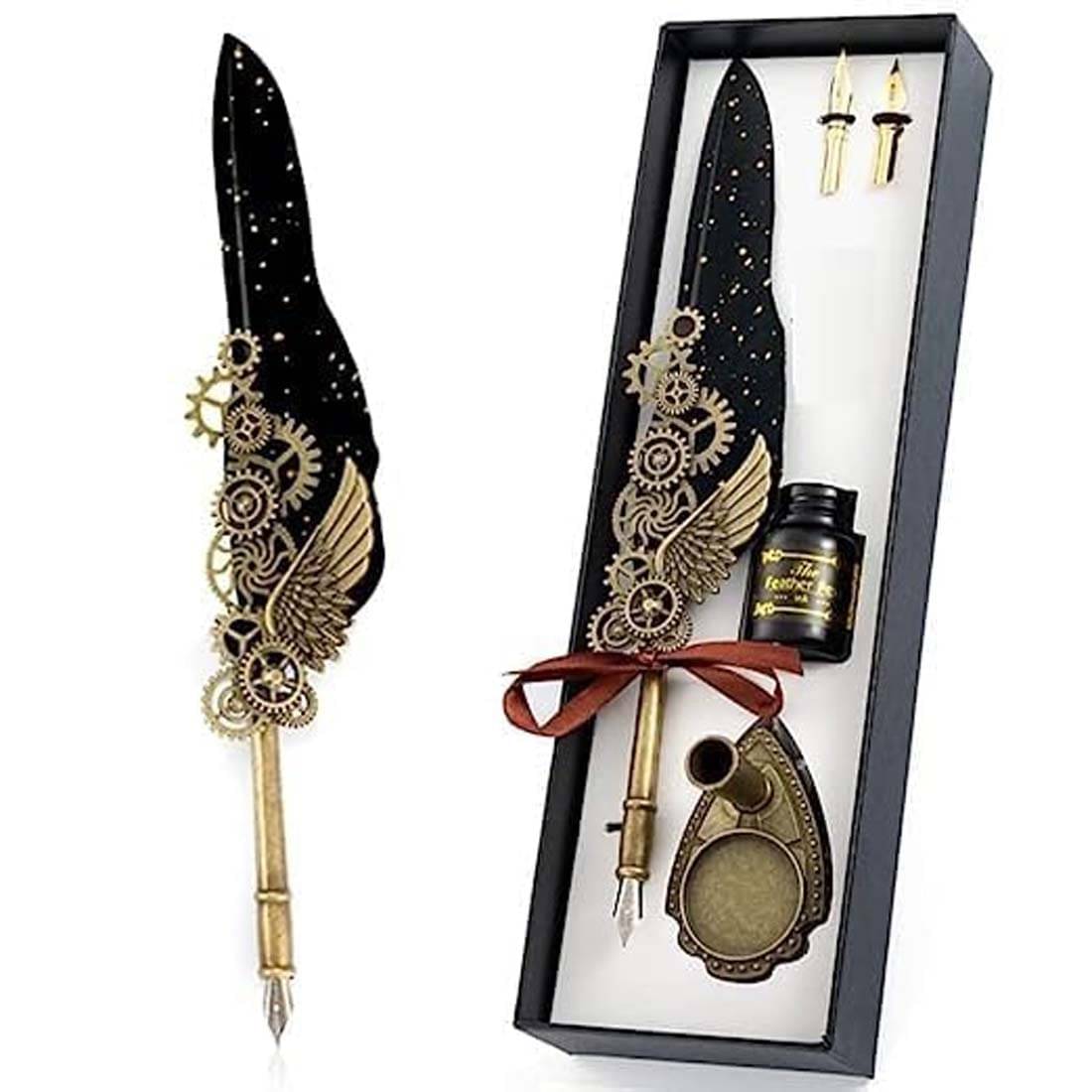     			Feather Pen and Ink Set, Mechanic Style Quill Calligraphy Pen with Blue or Black Ink, 2 Replacement Nibs and Pen Holder, Vintage Signature Fountain Pen Dip Pen Gift Set