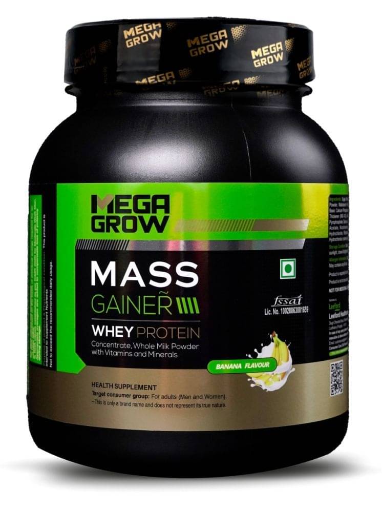     			Megagrow Mass Gainer powder - Banana Flavor, High-Calorie Whey Protein (1kg, 10 Servings)