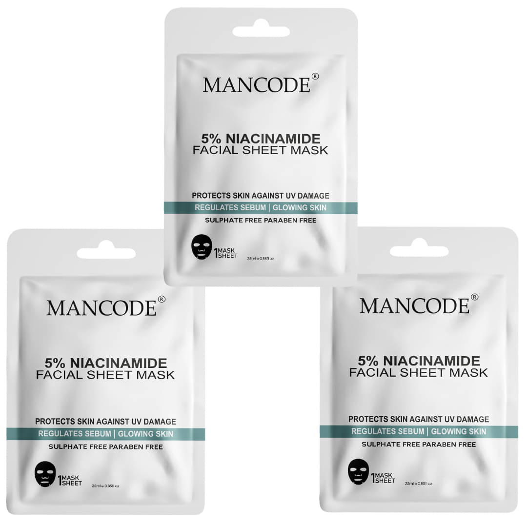 Mancode 5% Niacinamide Acid Facial Sheet Mask 25ml Protects Skin Against UV Damages (Pack of 3) Mancode 5% Niacinamide Acid Facial Sheet Mask 25ml Protects Skin Against UV Damages (Pack of 3)