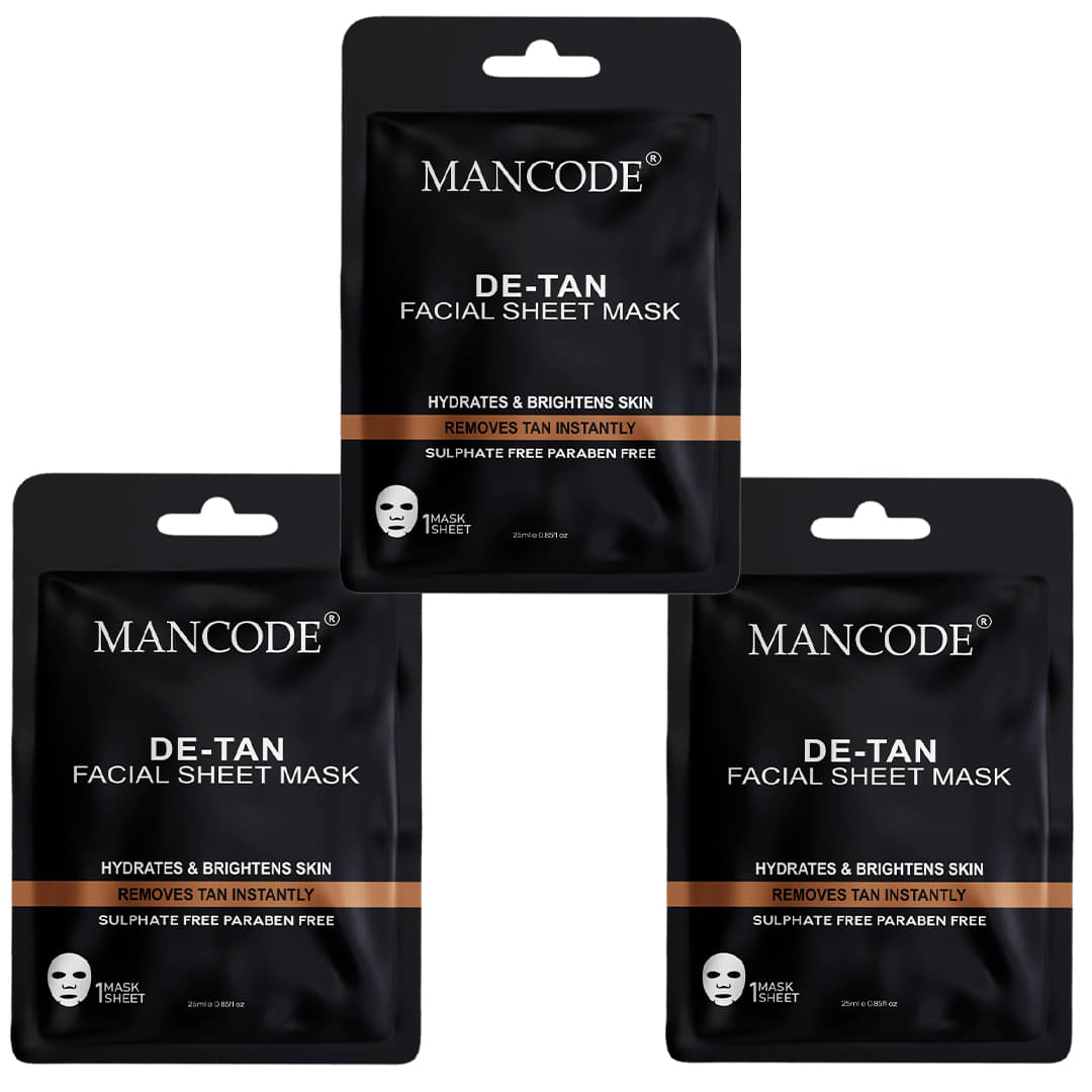 Mancode De Tan Facial Sheet Mask 25ml Hydrates & Brightens Skin Removes Tan Instantly (Pack of 3) Mancode De Tan Facial Sheet Mask 25ml Hydrates & Brightens Skin Removes Tan Instantly (Pack of 3)