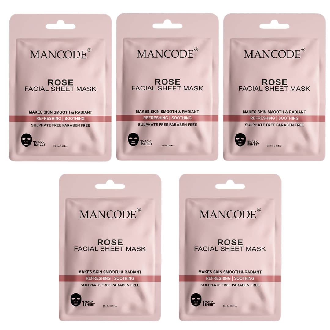     			Mancode Rose Facial Sheet Mask 25ml , Daily Glow , Korean Sheet Mask for Men Women (Pack of 5)