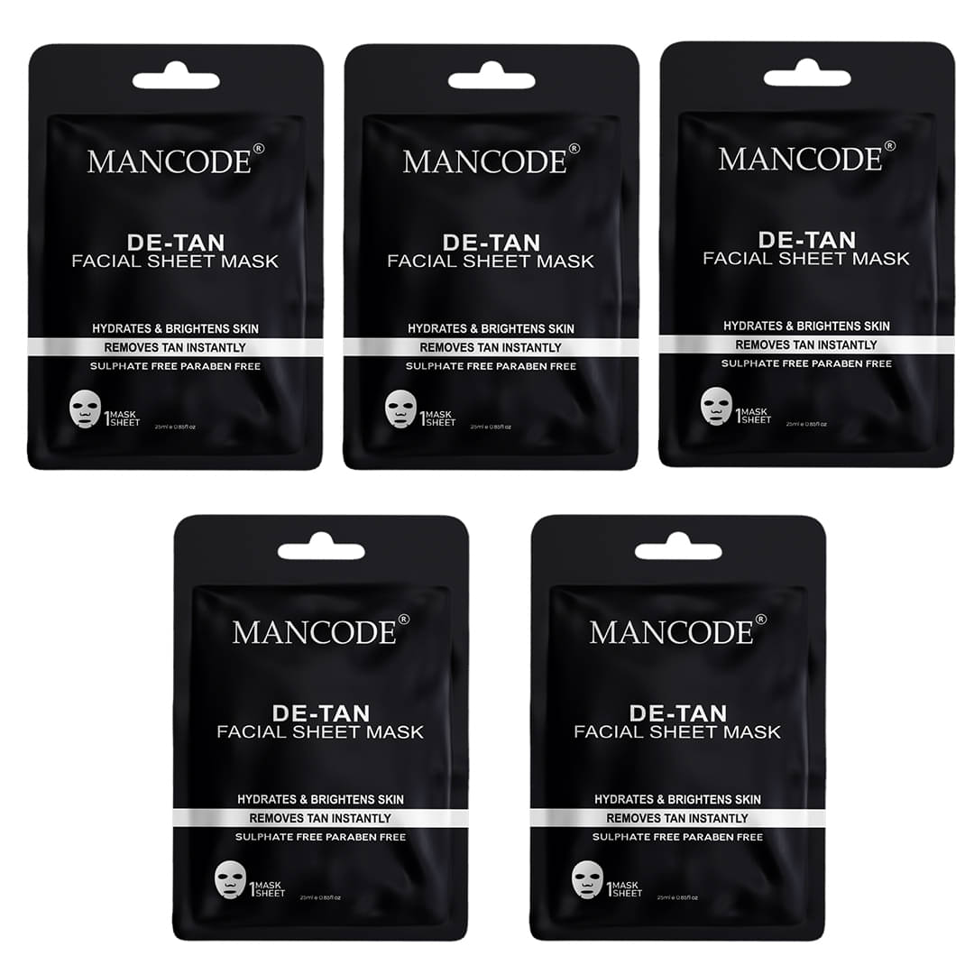     			Mancode De Tan Facial Sheet Mask 25ml, Brightens Skin Removes Tan, Korean Sheet Mask (Pack of 5)