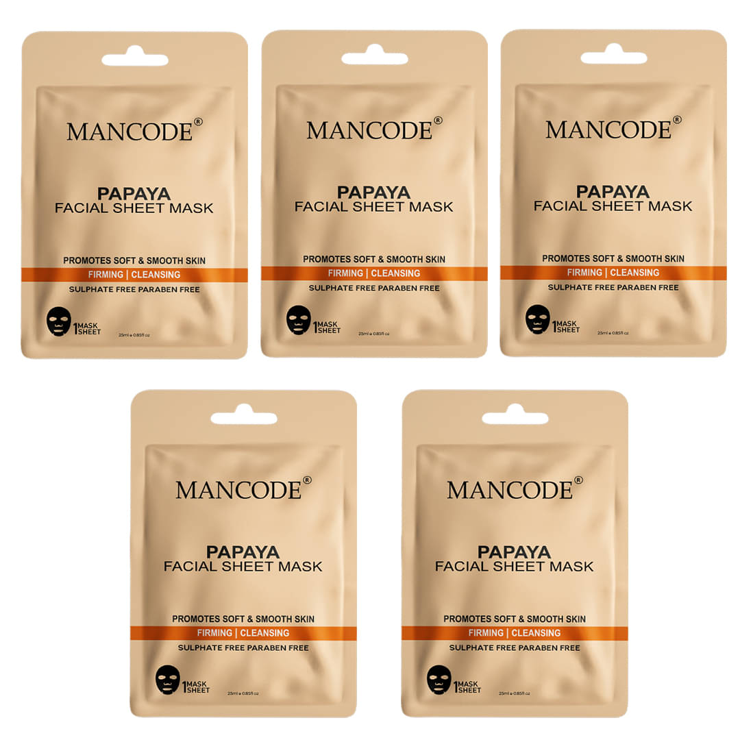 Mancode Papaya Facial Sheet Mask for Brightening and Daily Glow, 25 ml (Pack of 5) Mancode Papaya Facial Sheet Mask for Brightening and Daily Glow, 25 ml (Pack of 5)