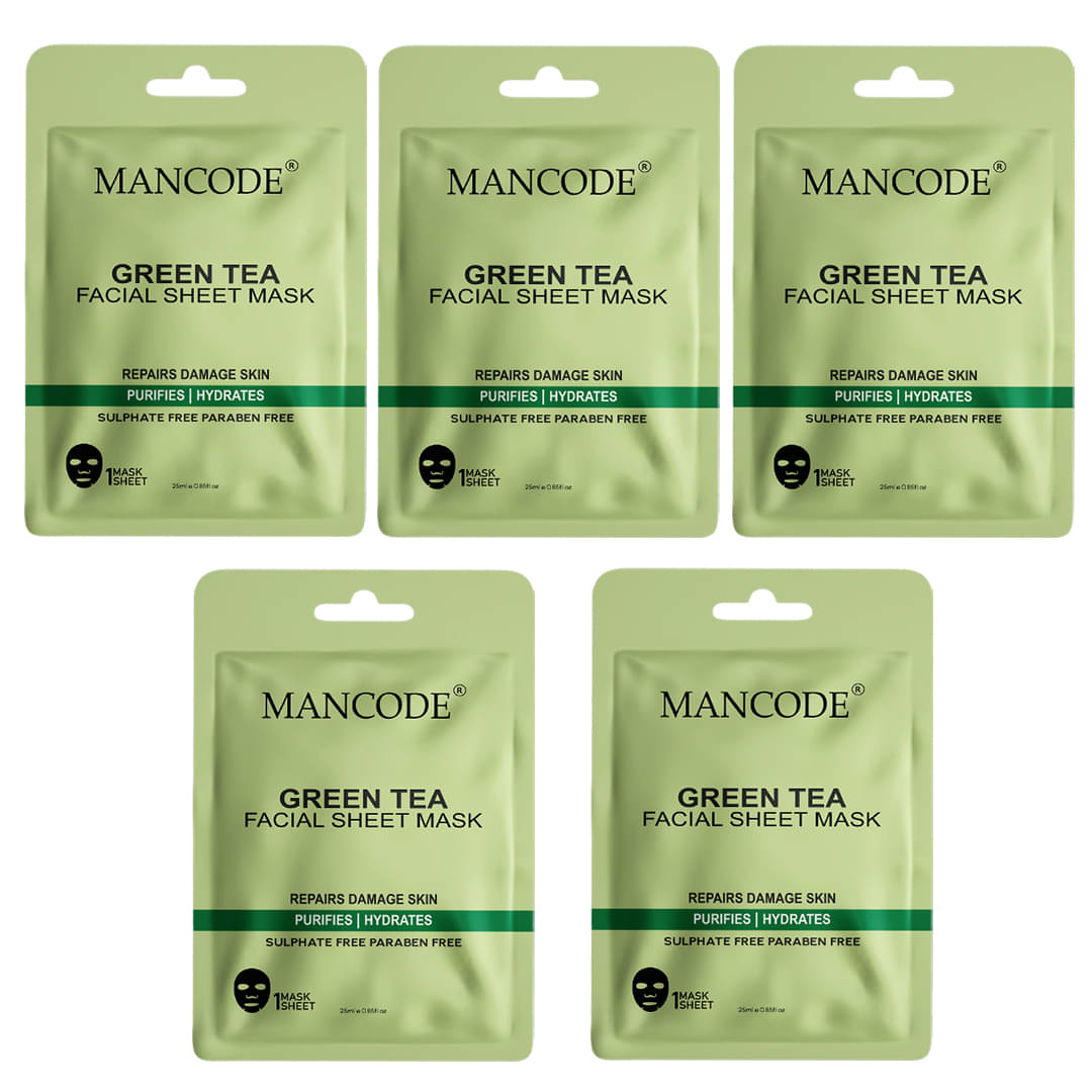 Mancode Green Tea Facial Sheet Mask 25ml Repairs Damaged Skin Purifies , Korean Sheet Mask Pack of 5) Mancode Green Tea Facial Sheet Mask 25ml Repairs Damaged Skin Purifies , Korean Sheet Mask Pack of 5)