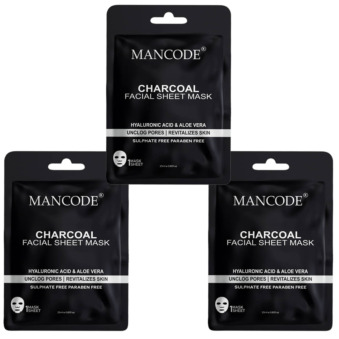 Mancode Charcoal Facial Sheet Mask 25ml Hyaluronic Acid & Aloe vera (Pack of 3) Mancode Charcoal Facial Sheet Mask 25ml Hyaluronic Acid & Aloe vera (Pack of 3)