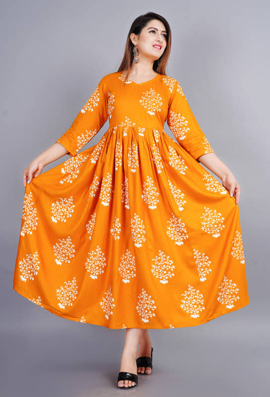 NUPITAL Rayon Printed Anarkali Women's Kurti - Mustard ( Pack of 1 ) - Kurtis, Tunics | Buy online on ZillyBuy