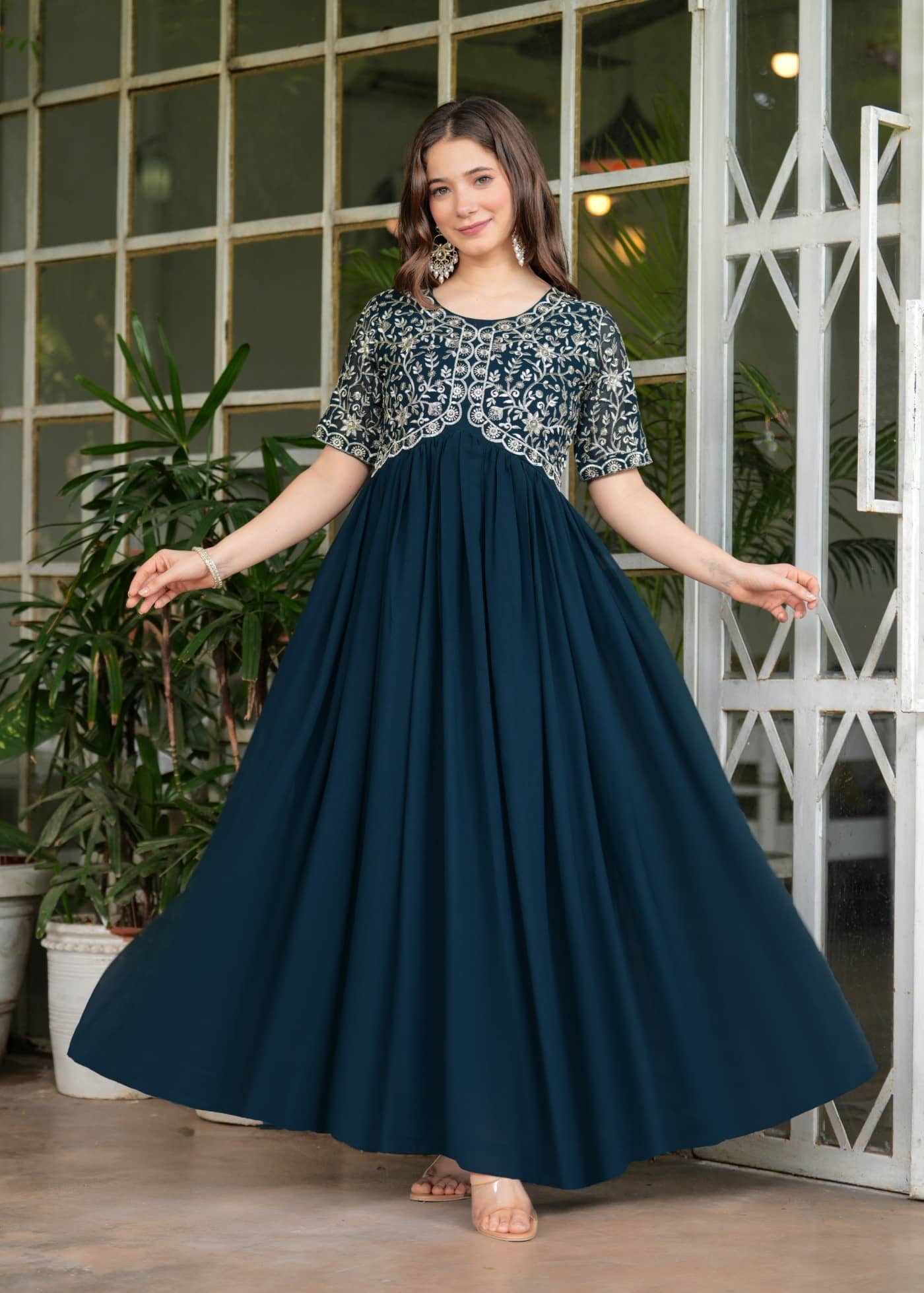 Sitaram Designer Teal Anarkali Georgette Women's Stitched Ethnic Gown ( Pack of 1 ) - Unstitched Fabrics | Buy online on ZillyBuy