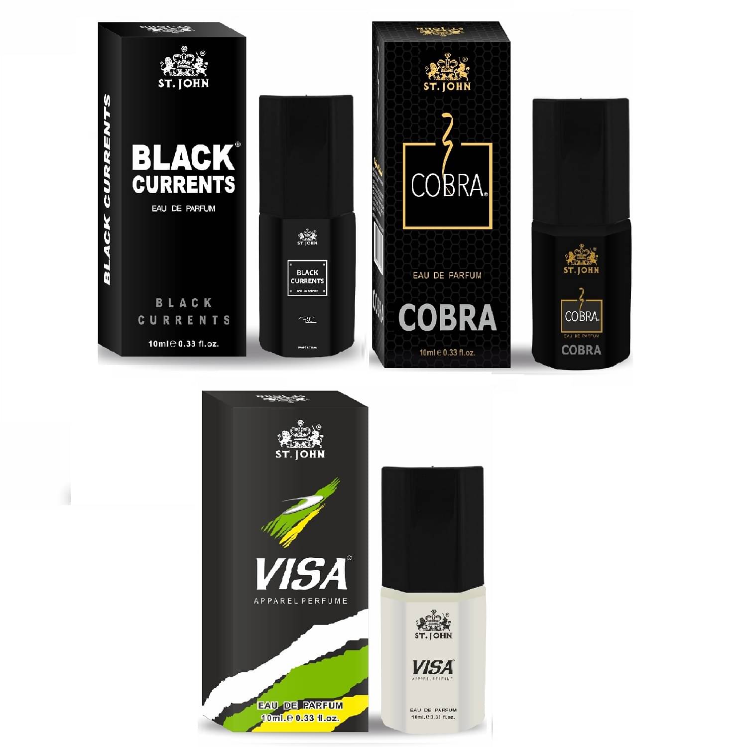St. John Black current, Cobra, Visa Pocket Perfume for Men 10 ml ( Pack of 3 ) St. John Black current, Cobra, Visa Pocket Perfume for Men 10 ml ( Pack of 3 )