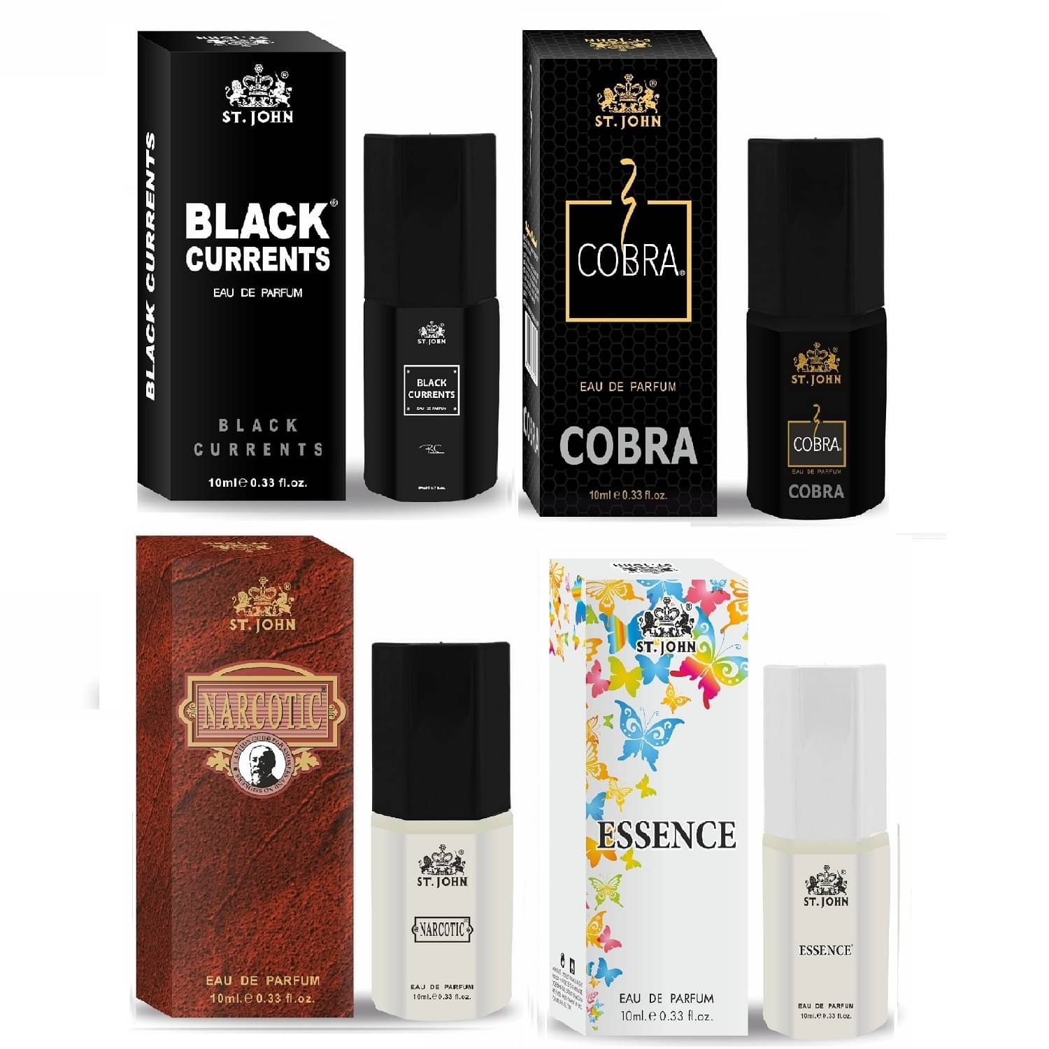 St. John Blackcurrent,Cobra,Narcotic,Essence Pocket Perfume for Women 10 ml ( Pack of 4 )     			St. John Blackcurrent,Cobra,Narcotic,Essence Pocket Perfume for Women 10 ml ( Pack of 4 )