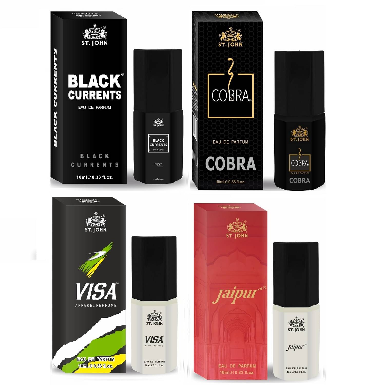     			St. John Blackcurrent,cobra,visa,jaipur Pocket Perfume for Men 10 ml ( Pack of 4 )