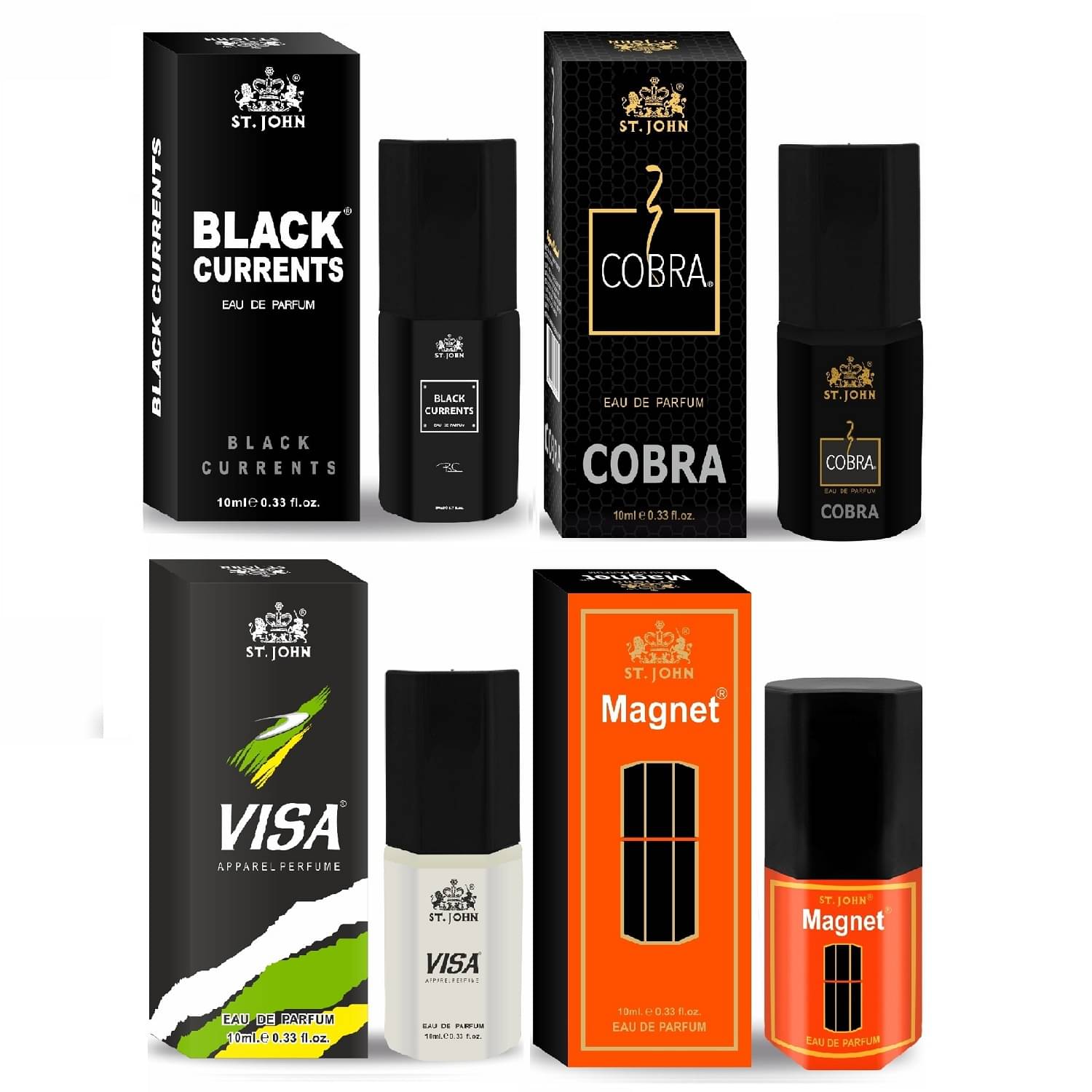     			St. John Blackcurrent,cobra,visa,magnet Pocket Perfume for Men 10 ml ( Pack of 4 )