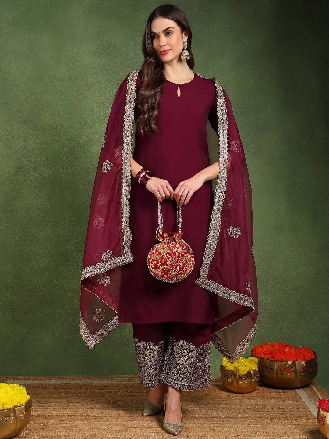     			Vaamsi Silk Blend Solid Kurti With Palazzo Women's Stitched Salwar Suit - Burgundy ( Pack of 1 )