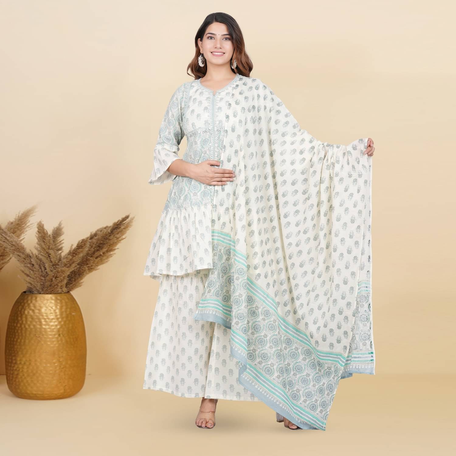     			Yash Gallery Cotton Printed Kurti With Sharara And Gharara Women's Stitched Salwar Suit - Grey ( Pack of 1 )