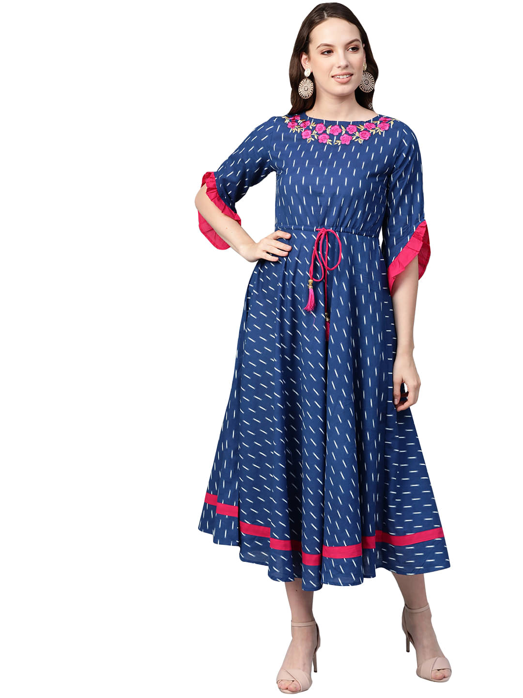     			Yash Gallery Women Cotton Printed Fit & Flare Dress ( Blue )