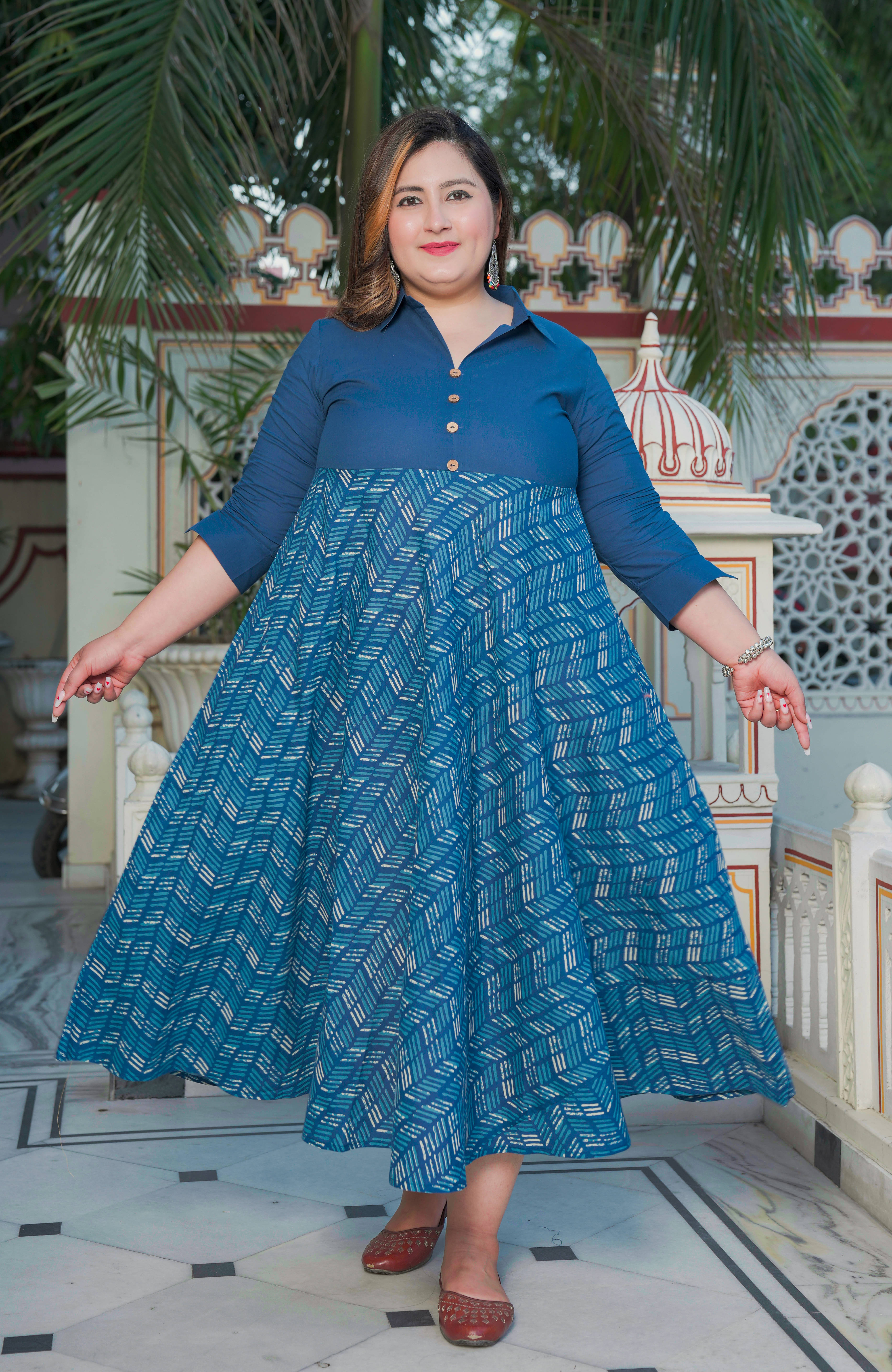 Yash Gallery Women Cotton Printed Fit & Flare Dress ( Blue ) Yash Gallery Women Cotton Printed Fit & Flare Dress ( Blue )
