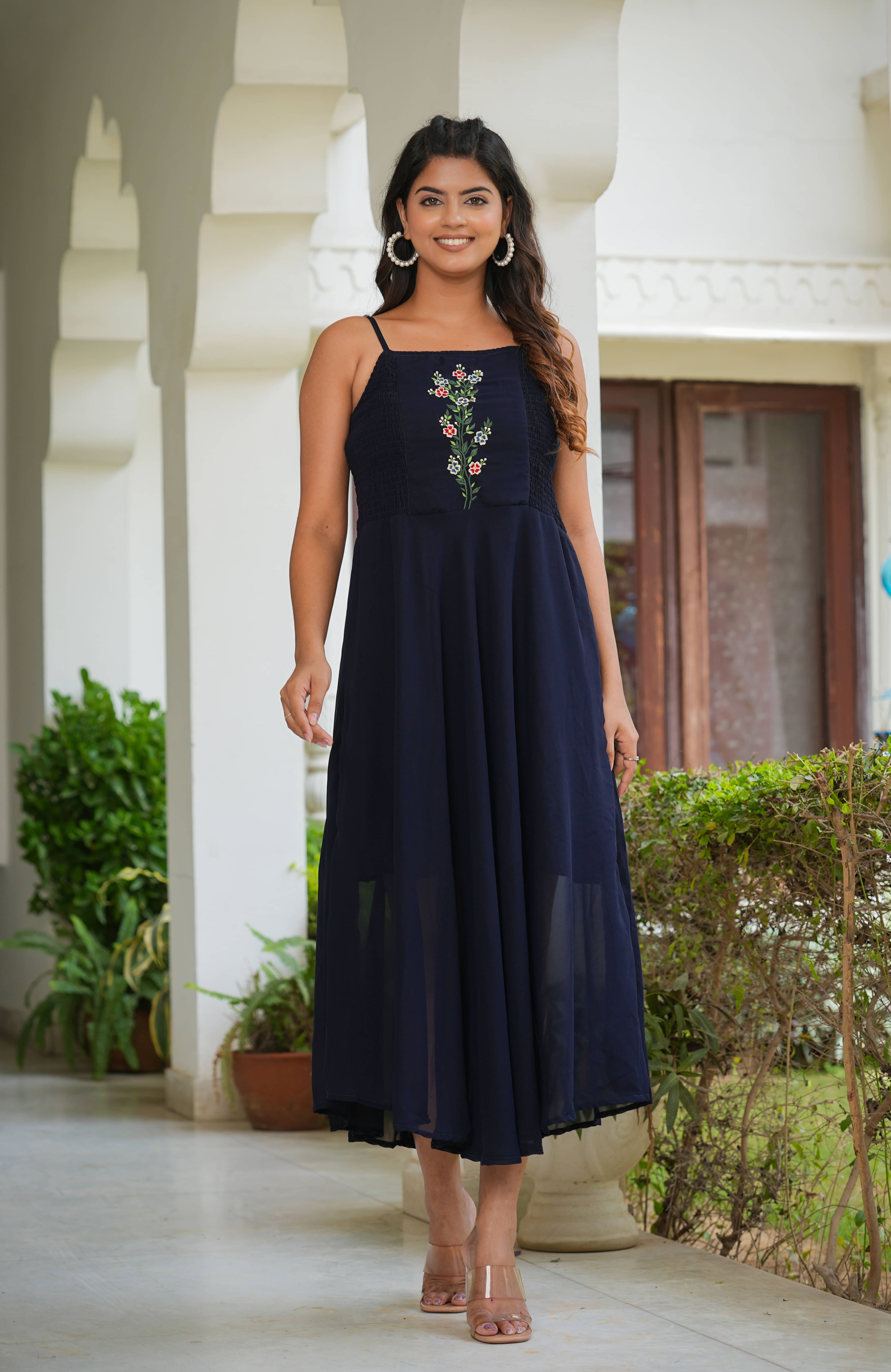 Yash Gallery Women Georgette Printed Fit & Flare Dress ( Blue ) Yash Gallery Women Georgette Printed Fit & Flare Dress ( Blue )