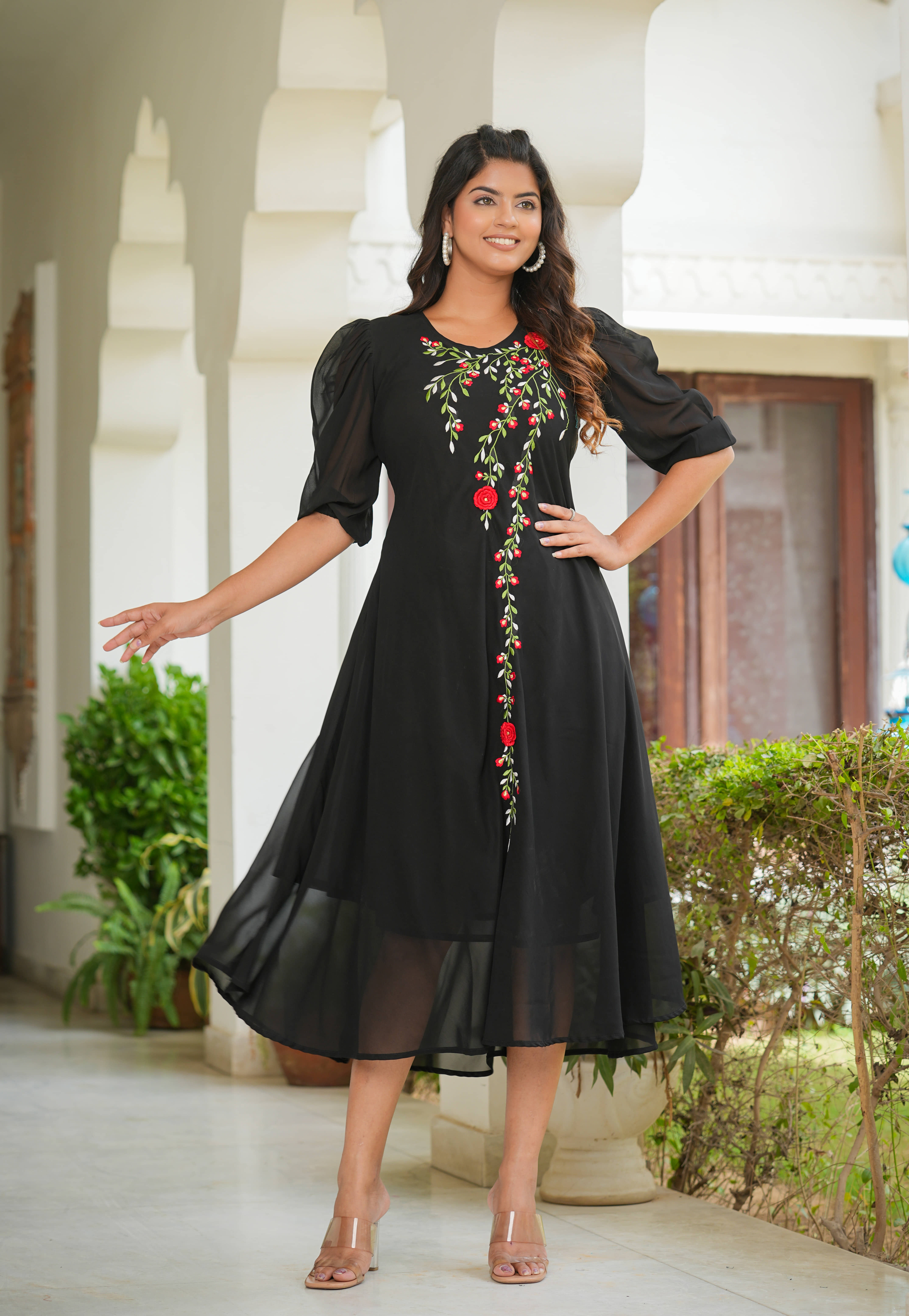Yash Gallery Women Georgette Printed Fit & Flare Dress ( Black )