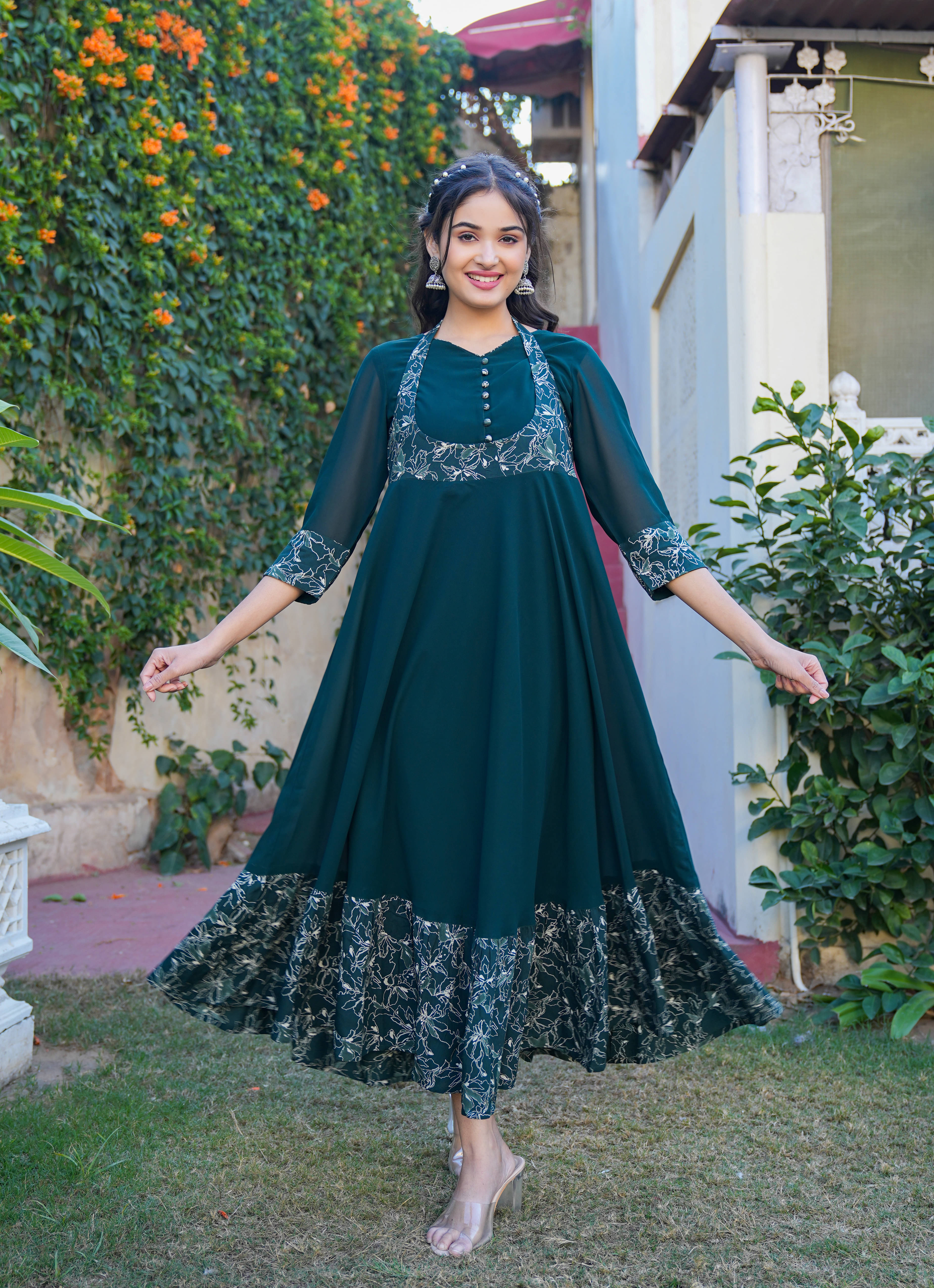     			Yash Gallery Women Georgette Printed Fit & Flare Dress ( Green )