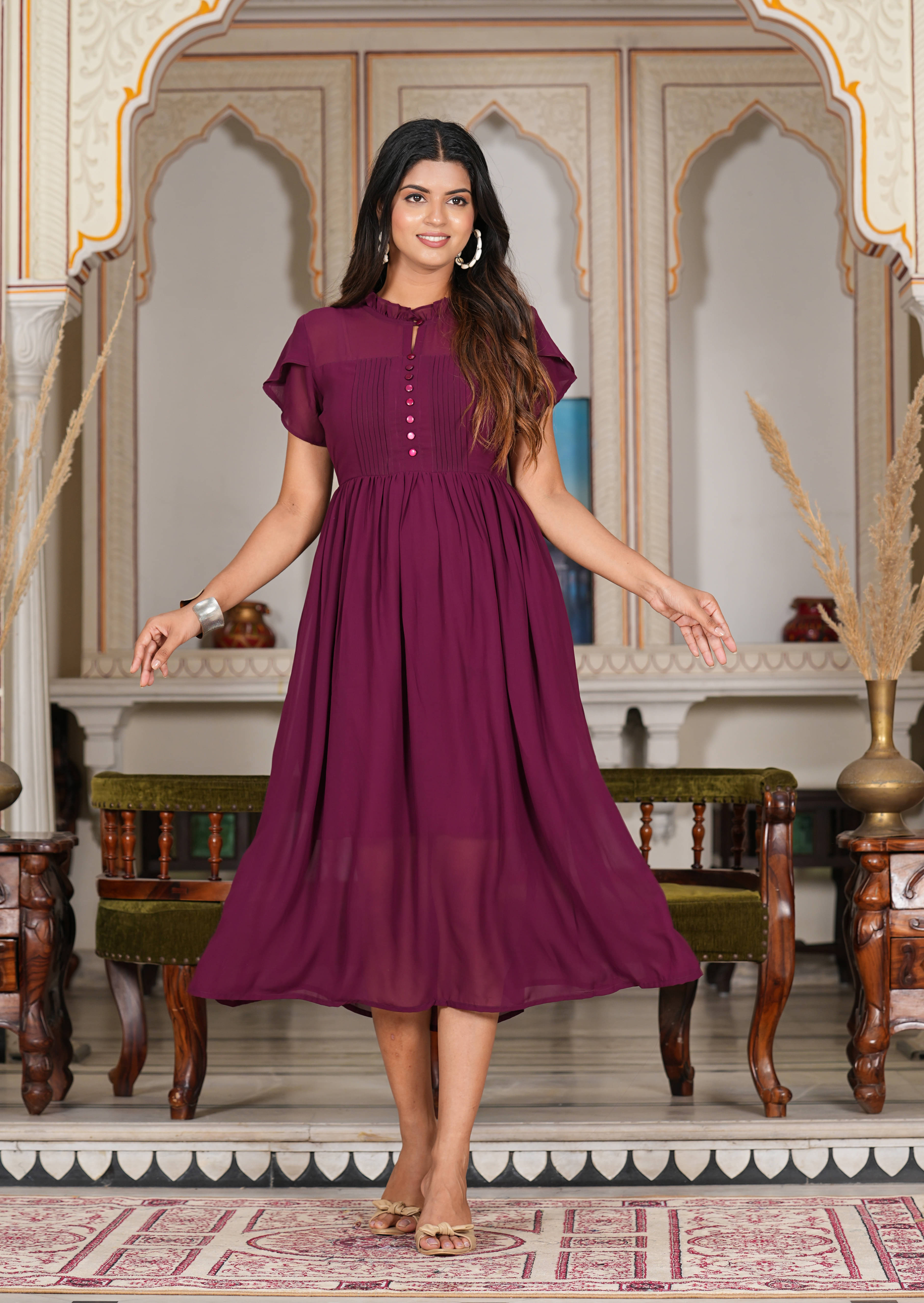    			Yash Gallery Women Georgette Solid Fit & Flare Dress ( Wine )