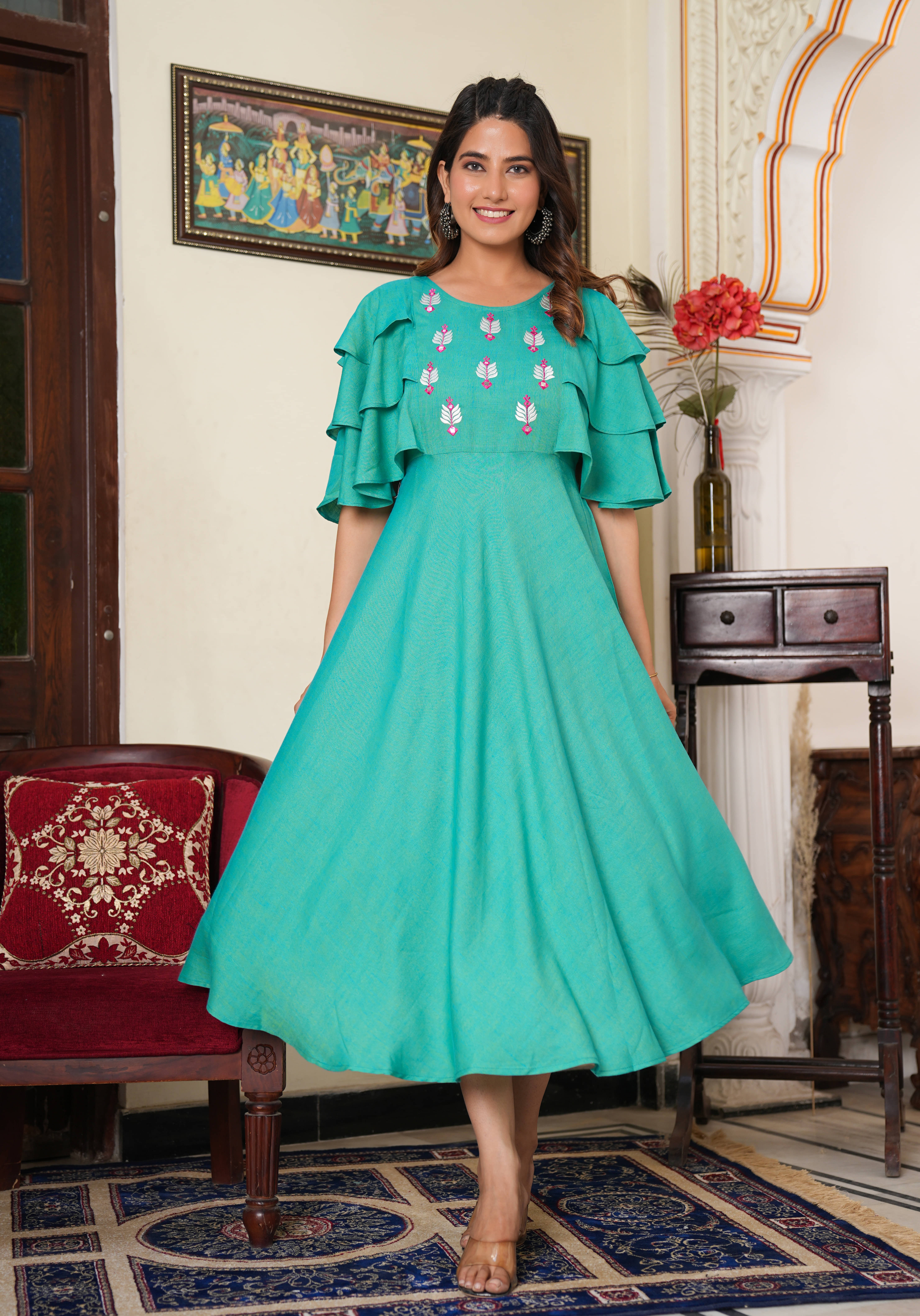     			Yash Gallery Women Viscose Embellished Fit & Flare Dress ( Green )