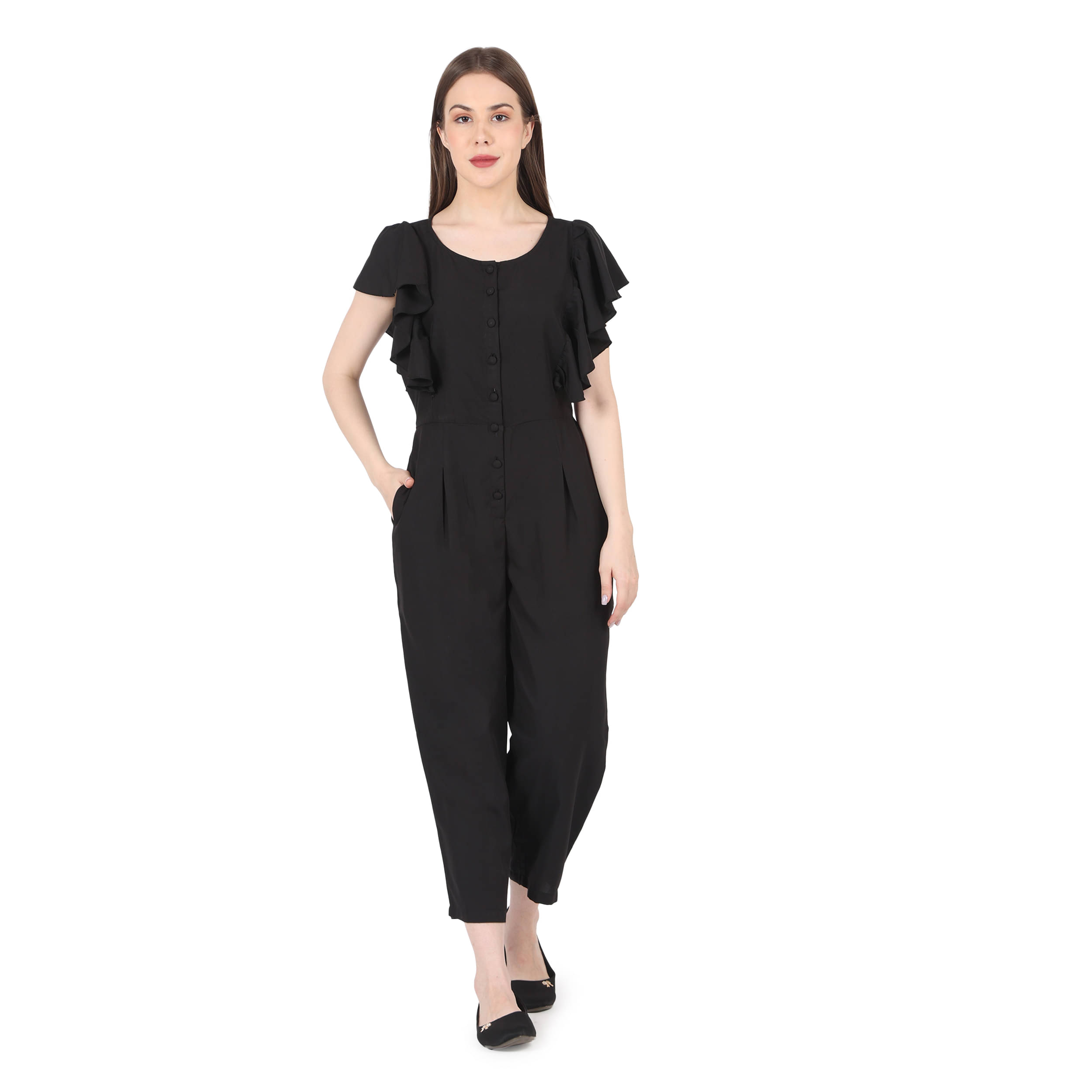 kg trenzz Black Crepe Regular Fit Women's Jumpsuit ( Pack of 1 )     			kg trenzz Black Crepe Regular Fit Women's Jumpsuit ( Pack of 1 )