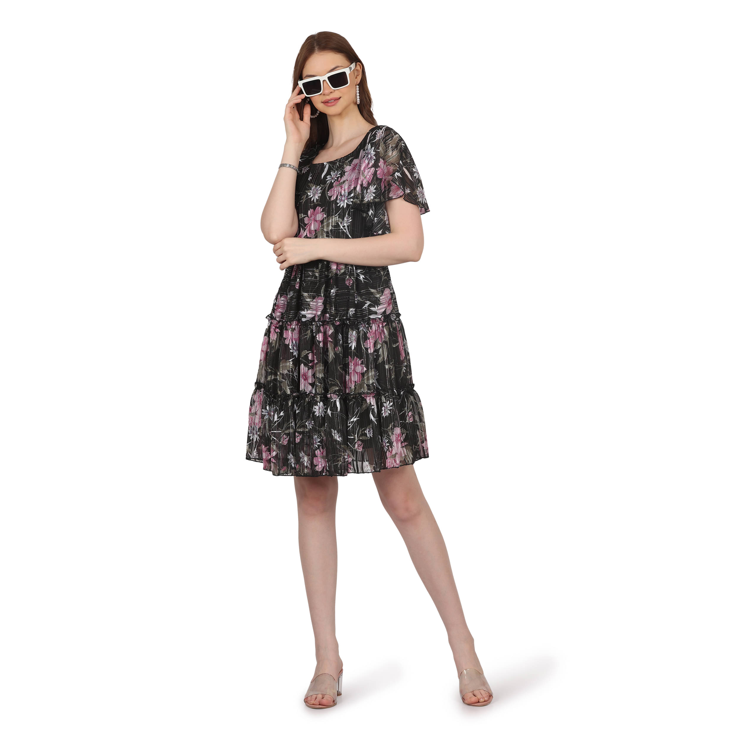     			kg trenzz Women Georgette Printed Fit & Flare Dress ( Black )