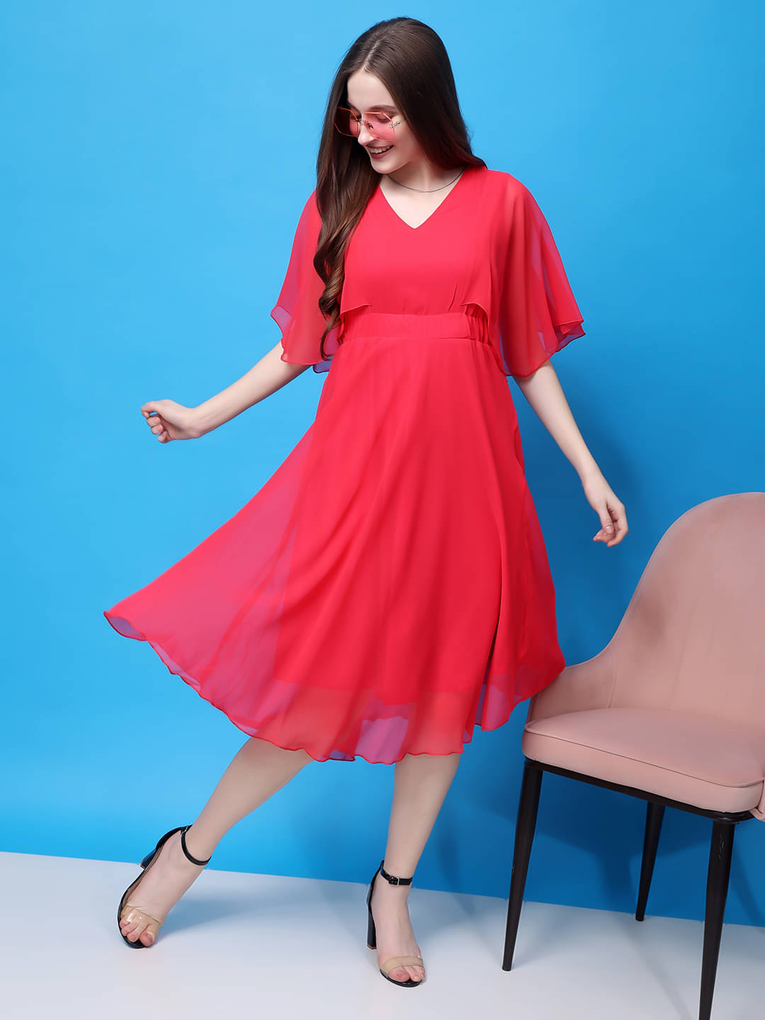kg trenzz Women Georgette Solid Fit & Flare Dress ( Pink ) kg trenzz Women Georgette Solid Fit & Flare Dress ( Pink )